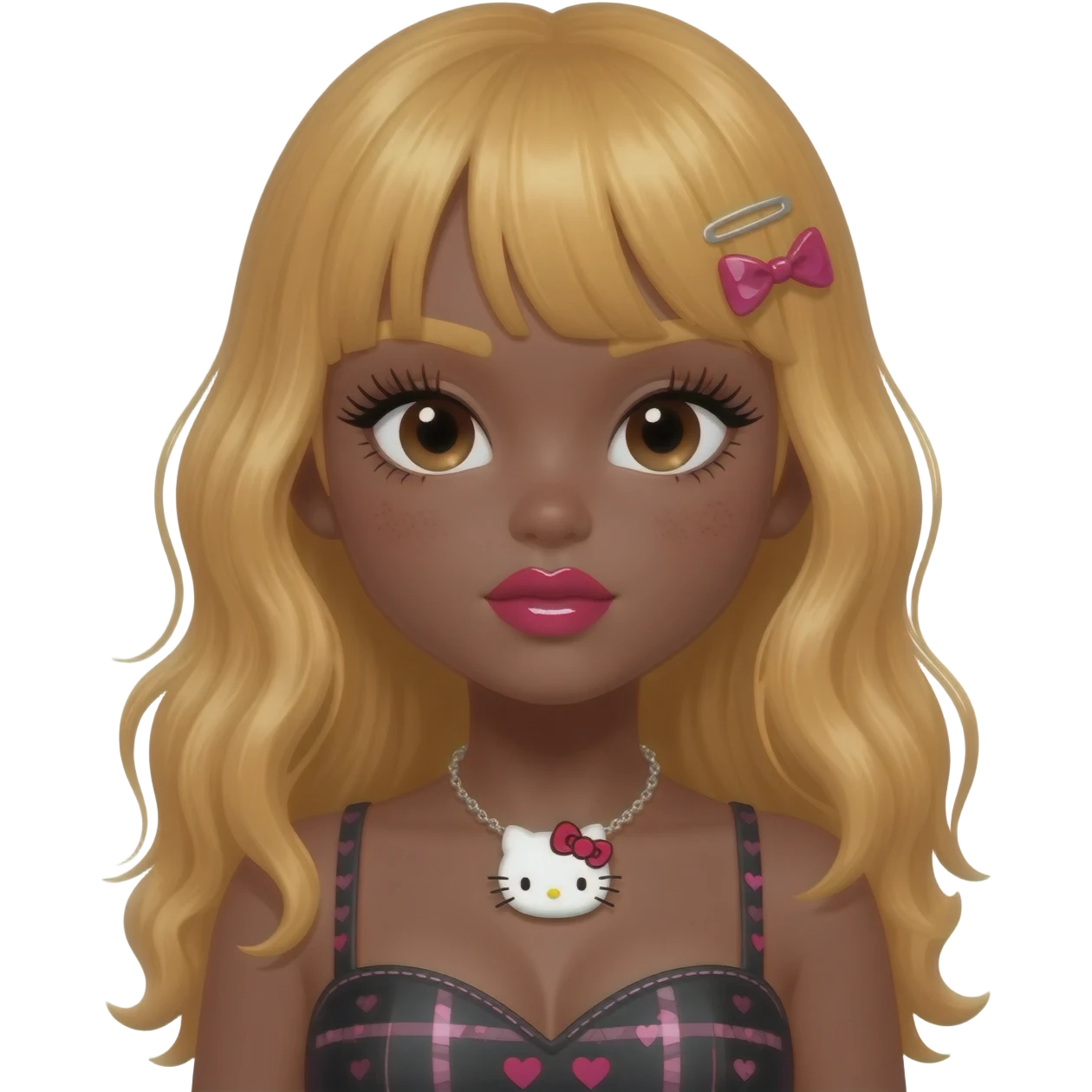 heart shaped lips, cute glossy lips, doll eyes with long lashes, dark brown skin, honey blonde hair, big chest, hello kitty necklace, one bow clip, bimbocore outfit emoji