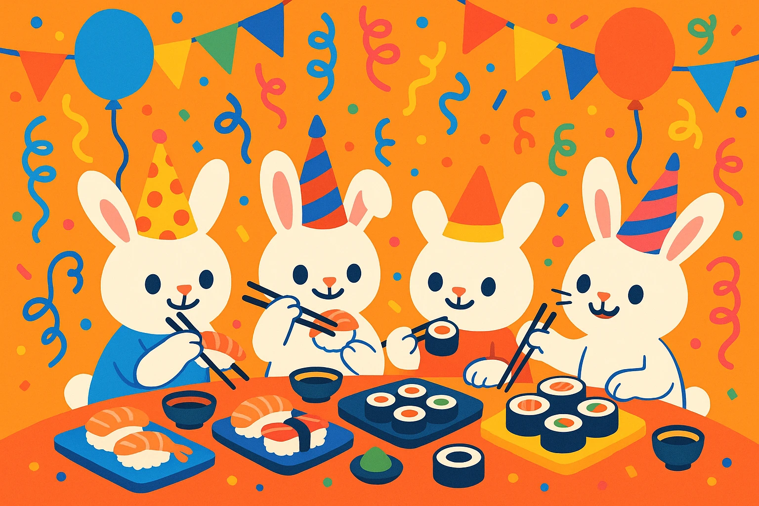 four bunny rabbits eating sushi at a birthday party, festive, colorful, cute, party hats, birthday decorations emoji