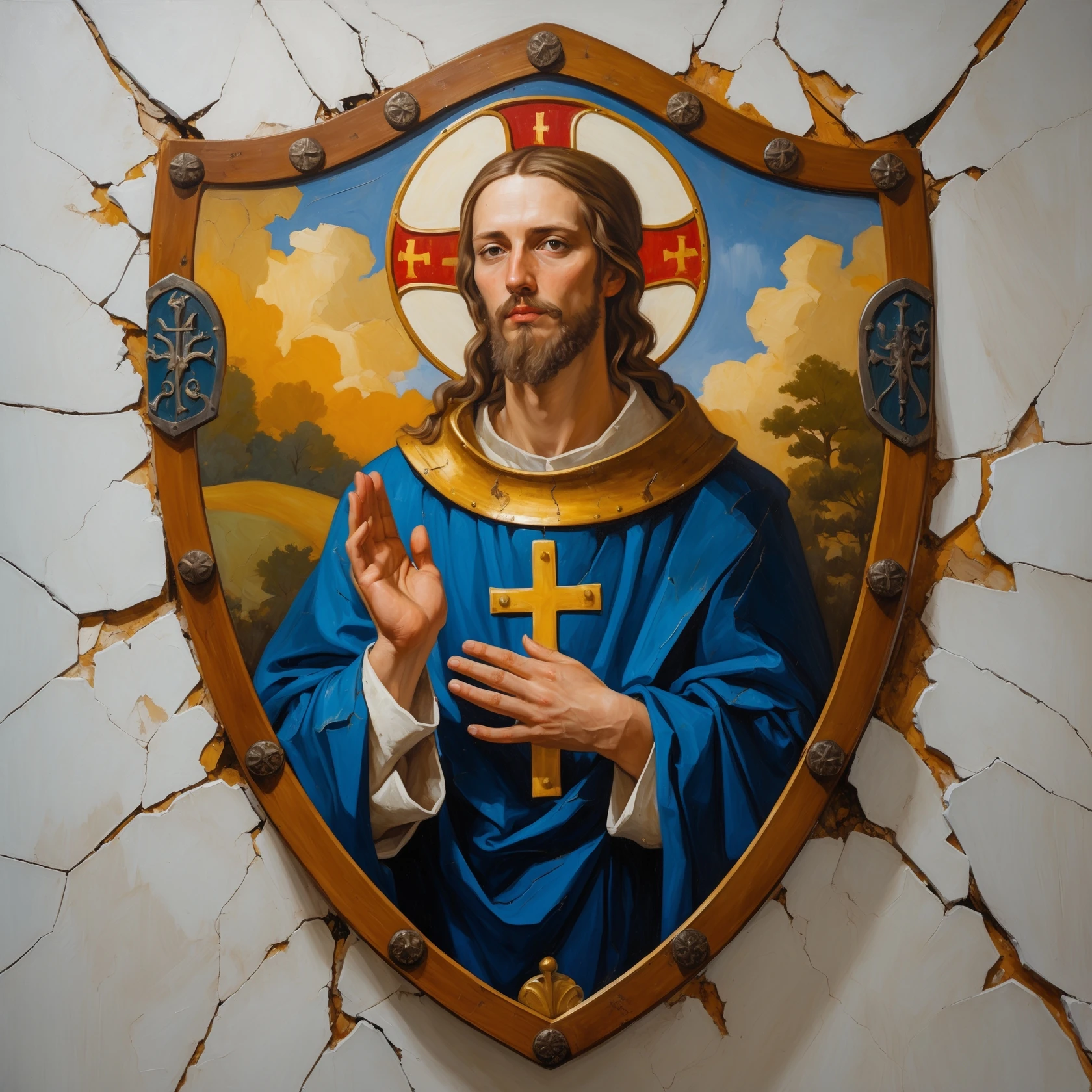 (img2img: strenght:=0.1) <ReferenceOnly-V3> inpaint religious theme onto the shield oil painting style flat image oil cracks countour
medieval shield art
 emoji
