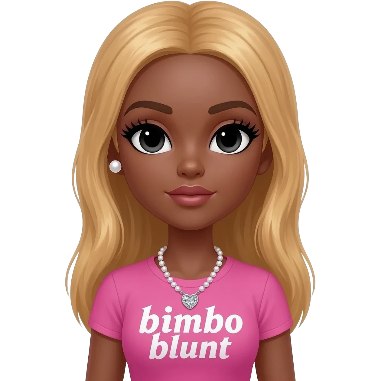 doll body , dark brown eyebrows, dark skin girl, pearl earring stud, Long giant lashes, Doll faced shaped,swarovski heart with Rhodium plated pearls necklace, bimbo, black doll eyes, barbie, dark brown skin, with honey blonde hair, big breast, t shirt says “bimbo blunt” emoji