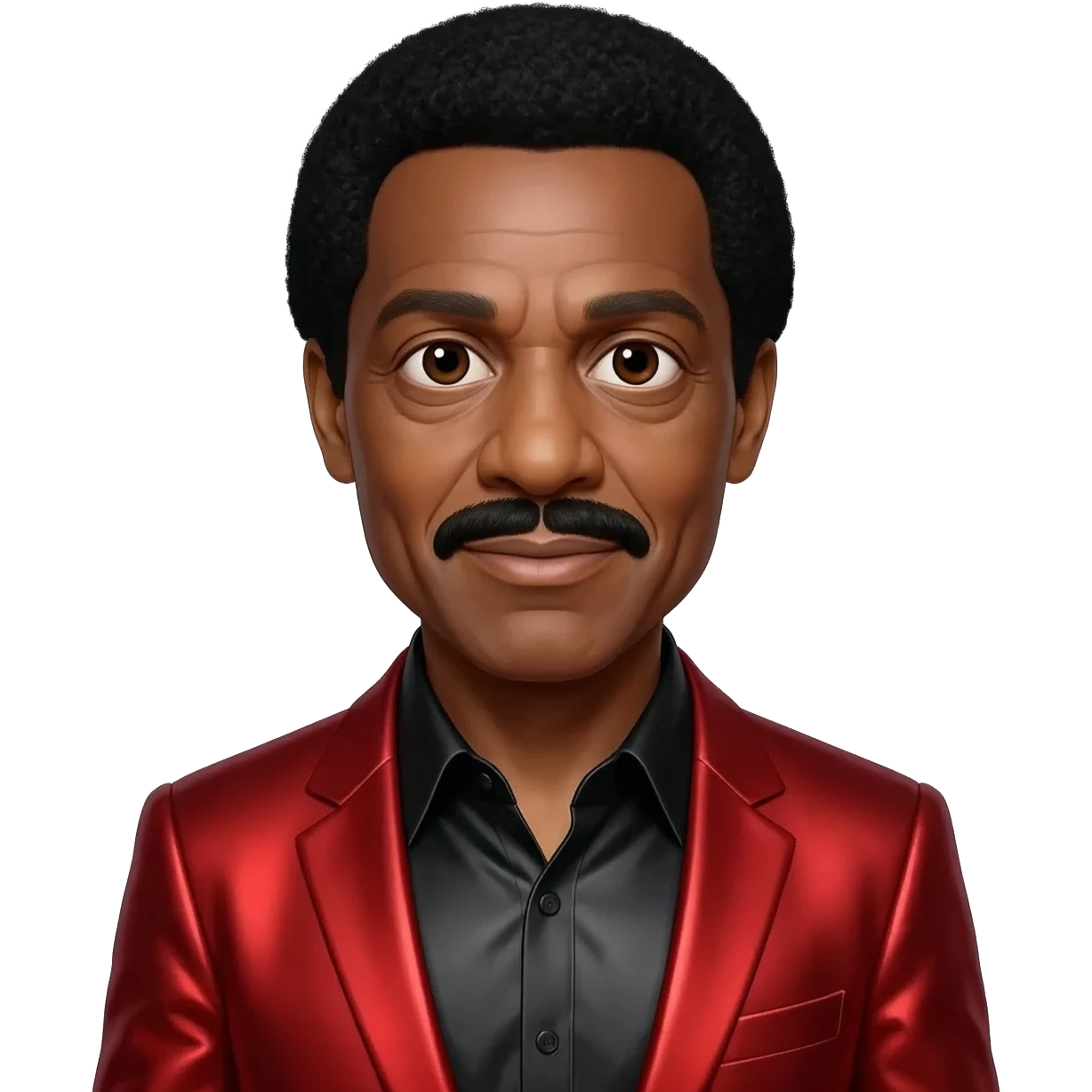Richard Pryor with dark brown eyes, black short afro hair and mustache, black metallic shirt, red metallic suit jacket emoji