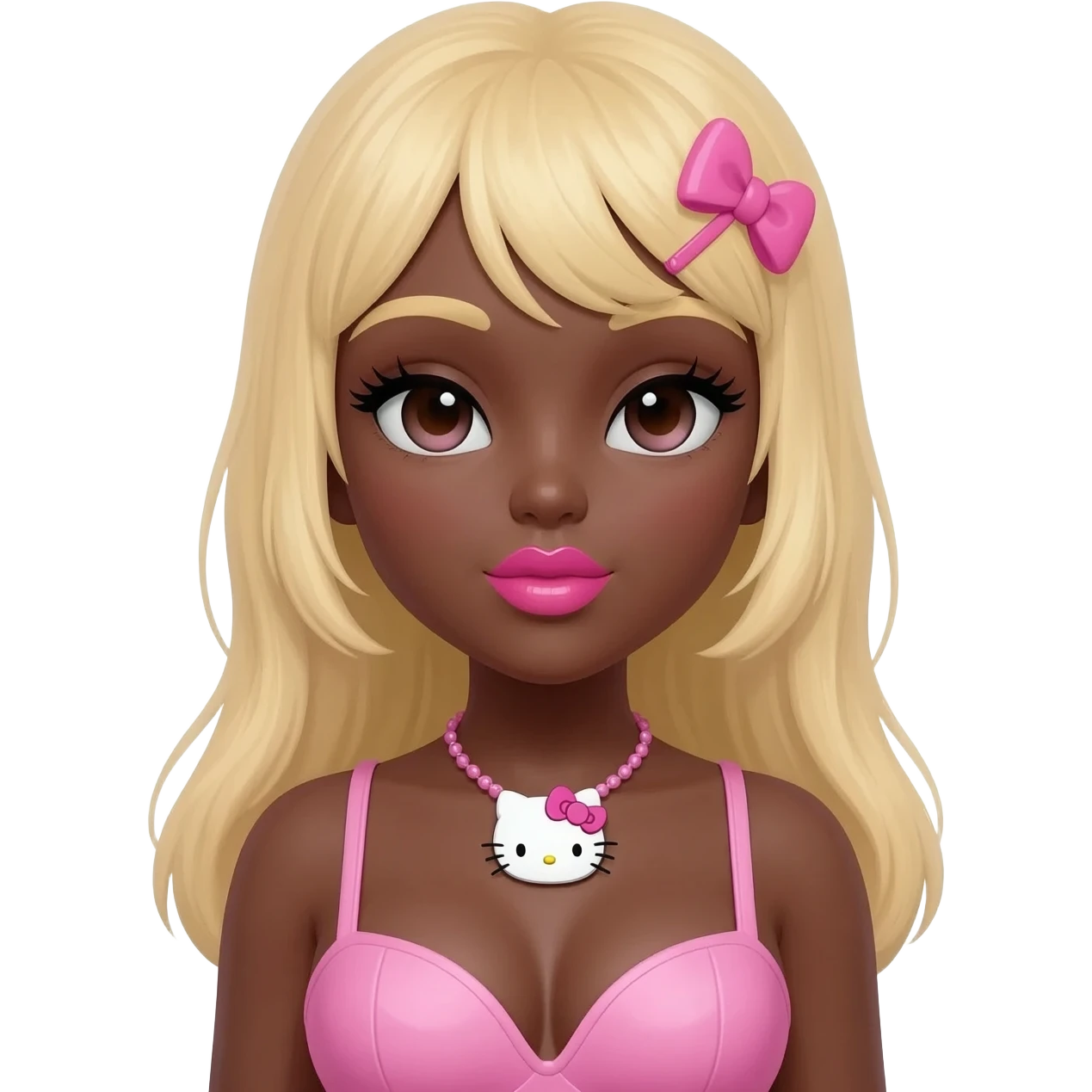 heart shaped lips, cute glossy lips, doll eyes with long lashes, dark brown skin, blonde hair, big chest, hello kitty necklace, one bow clip, bimbocore outfit emoji