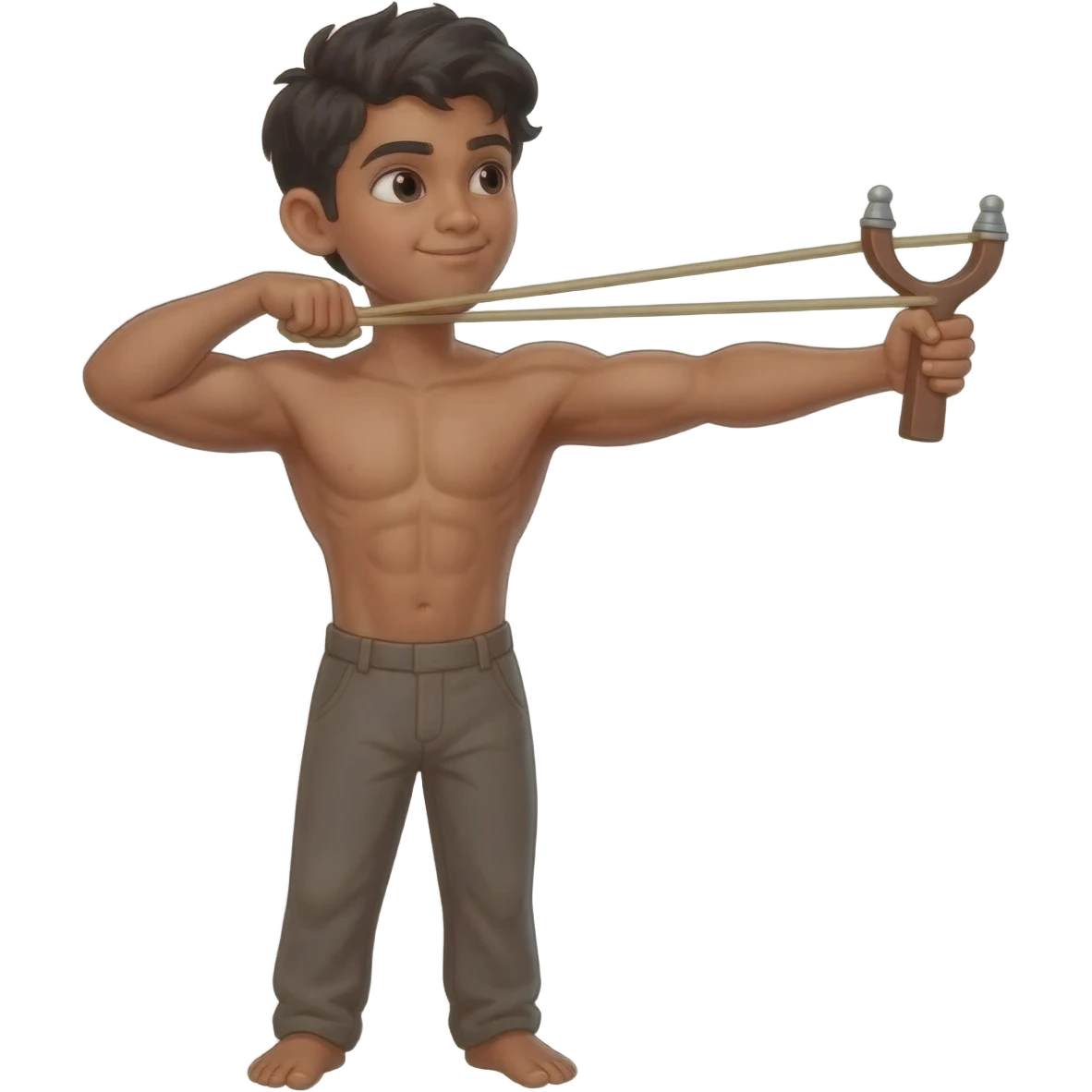 indian slightly muscle build boy stretching slingshot to shoot emoji