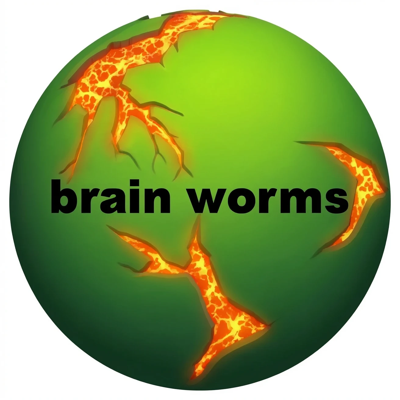 a green burning planet that has "brain worms" written on it in black letters in a realistic style emoji