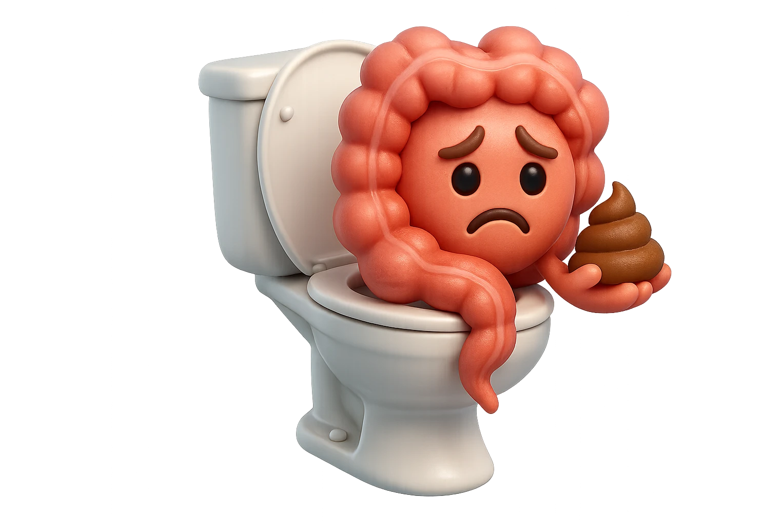 emoji stile iphone di un intestino realistico 3d che esce dal wc con in mano una montagnetta di feci con espressione triste a palline, iperrealistico 4k emoji