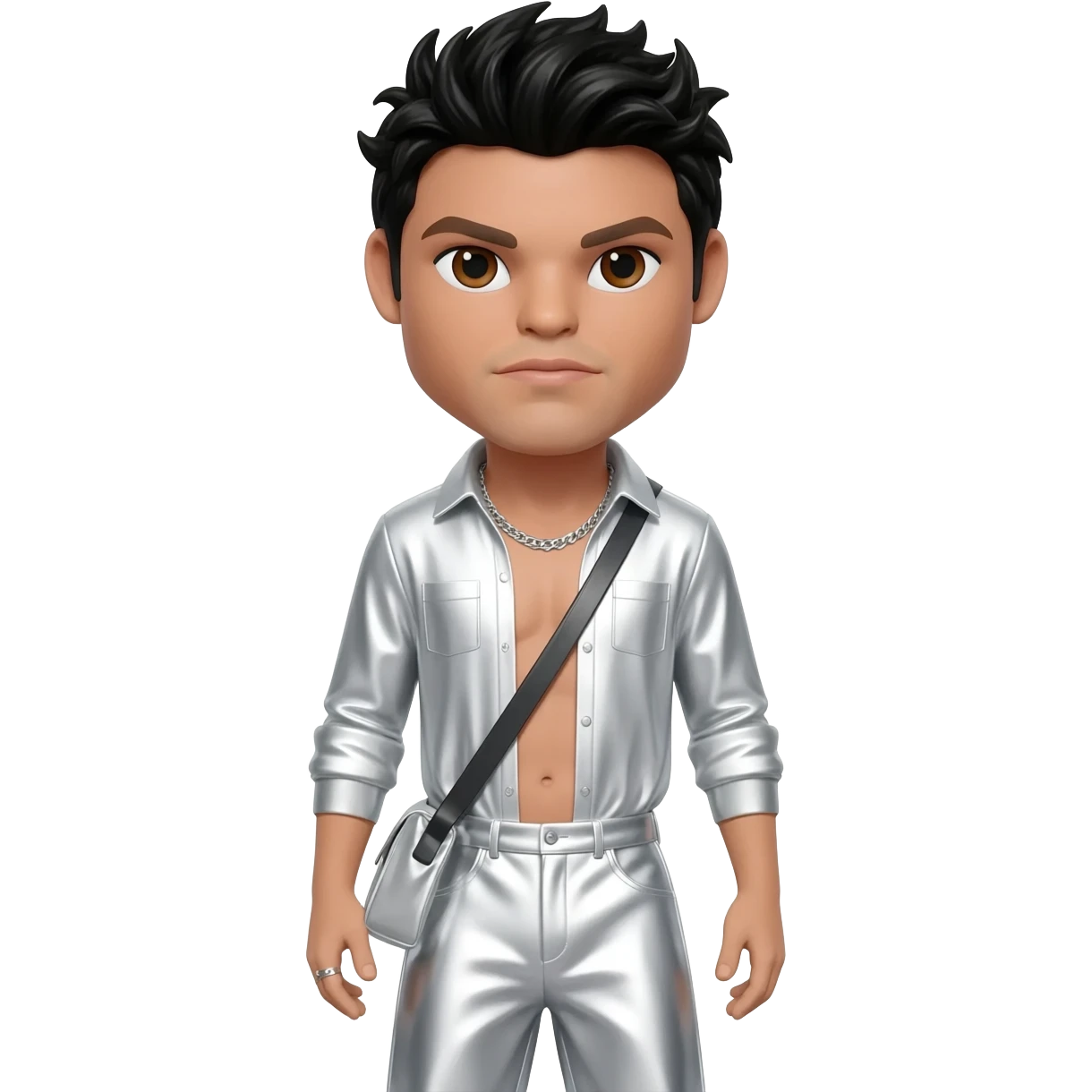 AJ McLean from Backstreet Boys with brown eyes, black hair, white metallic shirt, white metallic baggy pants, silver necklace emoji