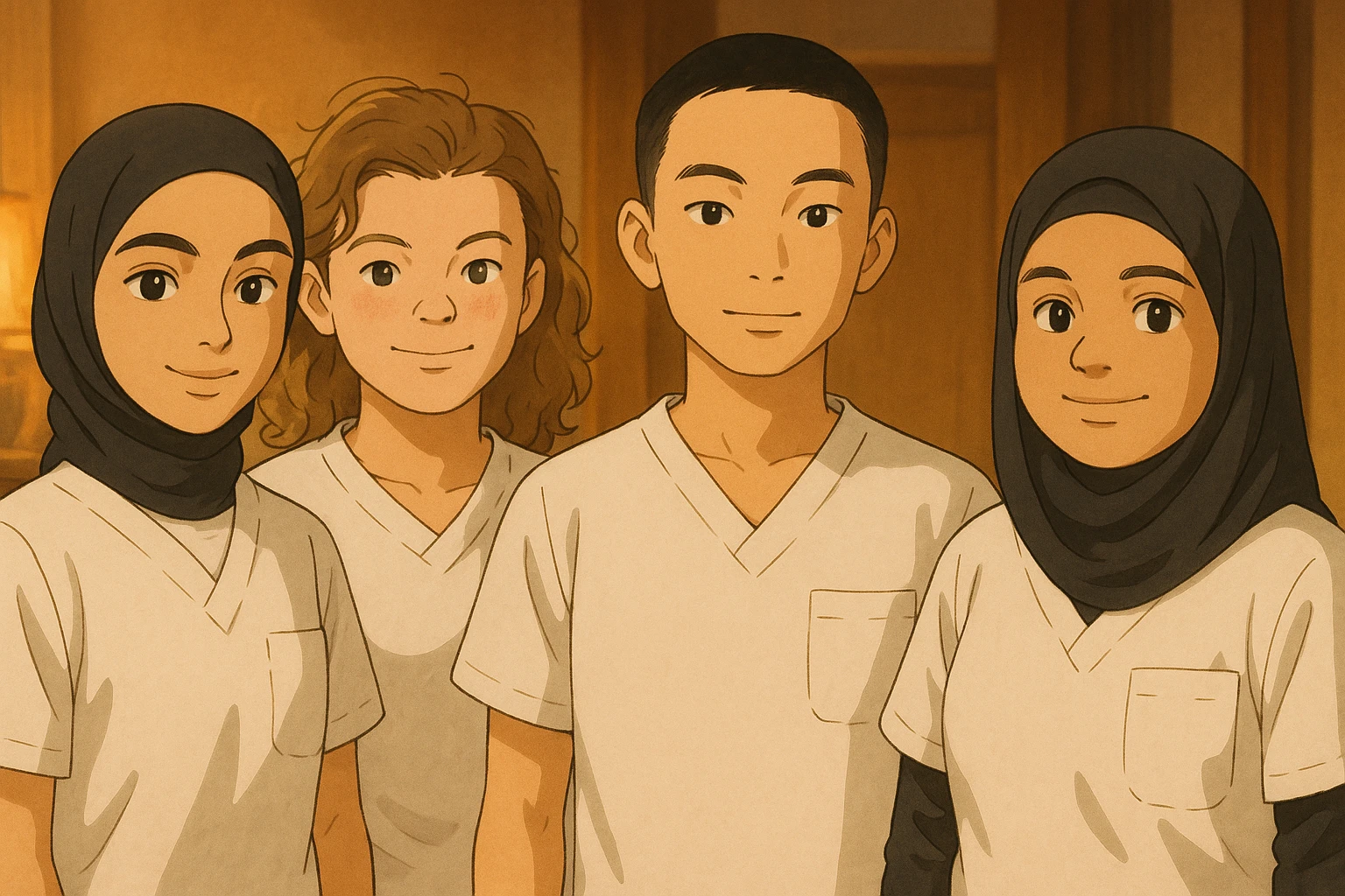 Four nursing students standing side by side in a warm indoor ambiance, wearing white short-sleeved uniform tops without collars or undershirts, forearms bare, no stethoscopes. The tops are medical tunics with V-necks and a chest pocket on the left side, in Ghibli style. emoji