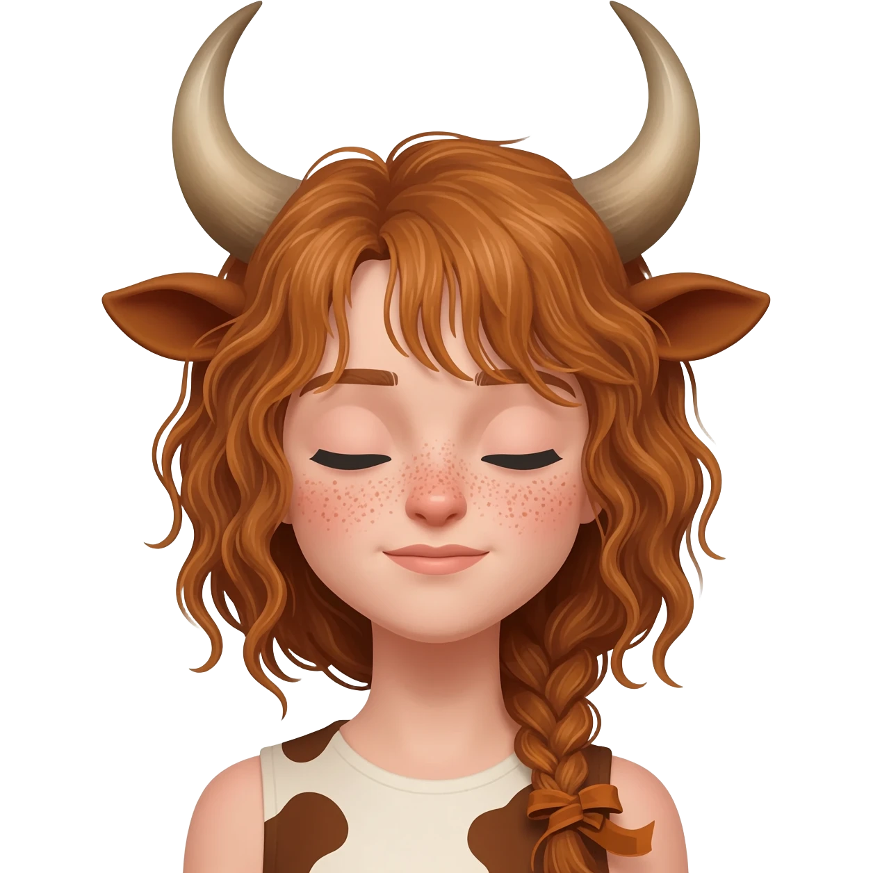 curly woman with freckles with messy light brown bangs covering the eyes with cow horns and cow brown ears with ribbon in her hair emoji