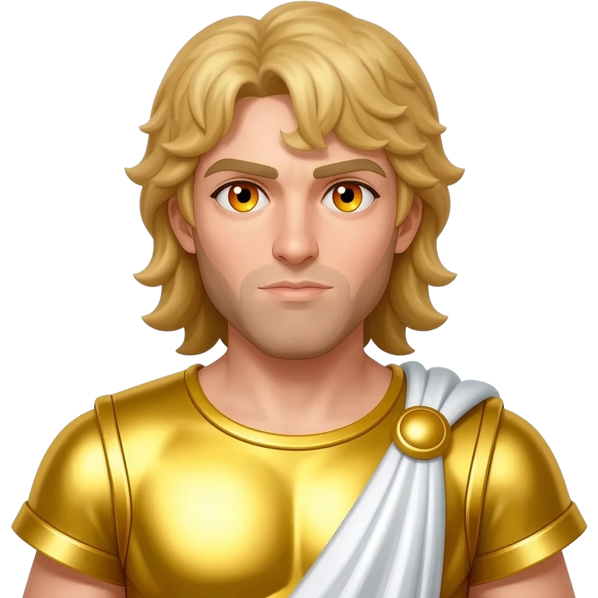 Apollo from Roman Mythology with amber eyes, long blonde hair, yellow metallic tunic, white metallic cloak emoji