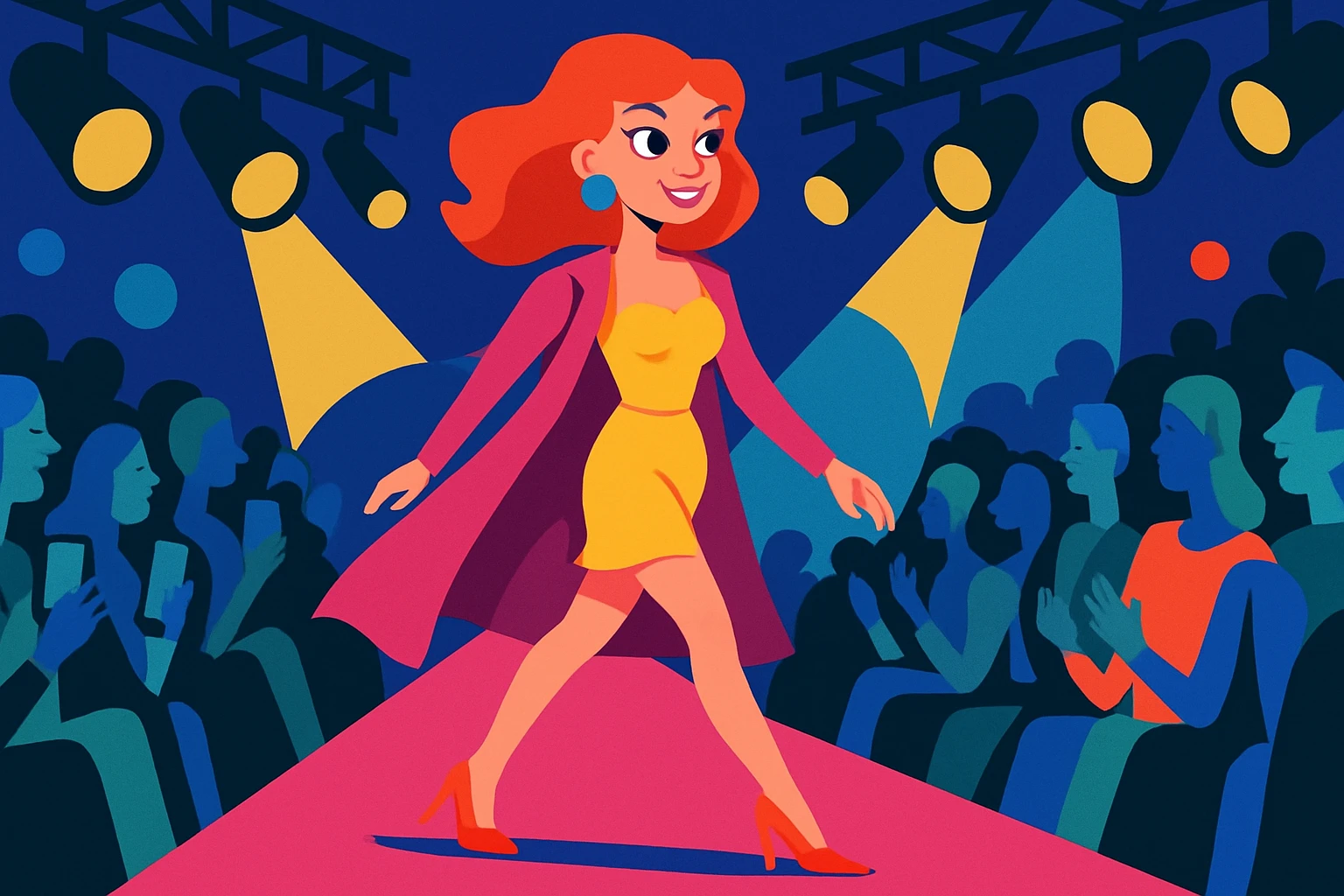 animated female model walking on a runway, horizontal, energetic, glamorous, fashion event setting emoji