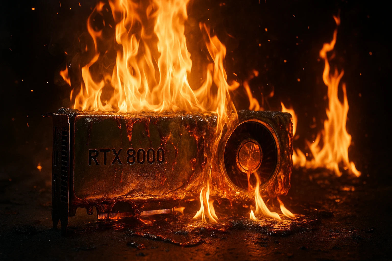 NVIDIA RTX8000 GPU melting with fire, intense, no text emoji
