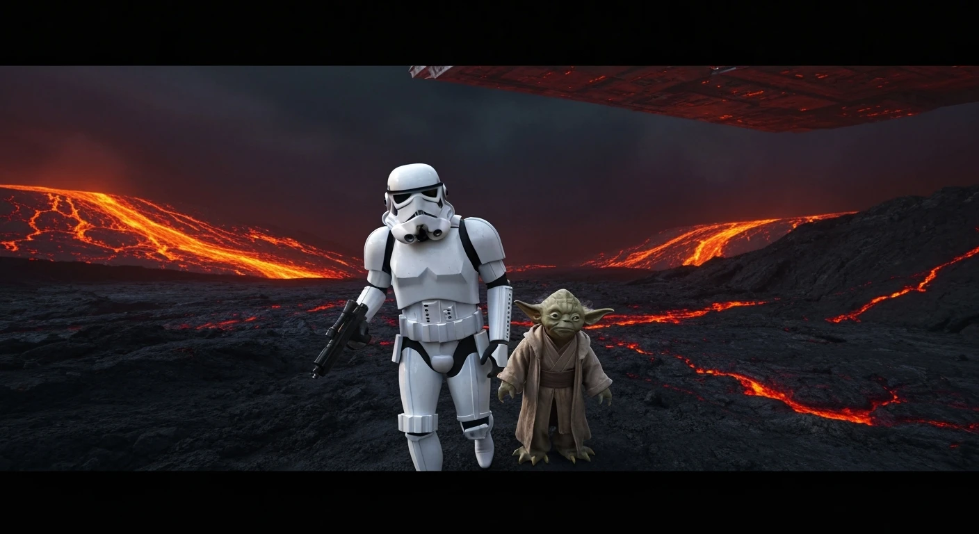 Cinematic still, Shot on vlog camera, Starwars stormtroopers vlogging , he is walking on lava planet with yoda emoji