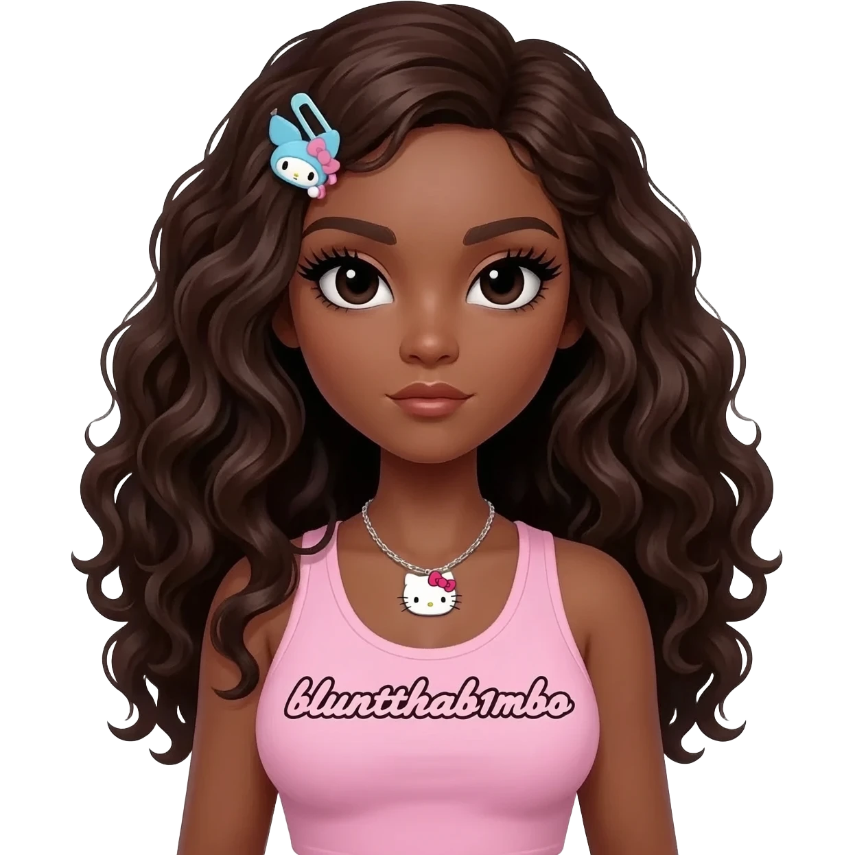 Long giant lashes, my melody hairclip, Doll faced shaped, hello kitty necklace, bimbo, black doll eyes, barbie, dark brown skin with long curls dark brown hair, light pink bimbo sleeveless shirt says "bluntthab1mbo", big breast emoji