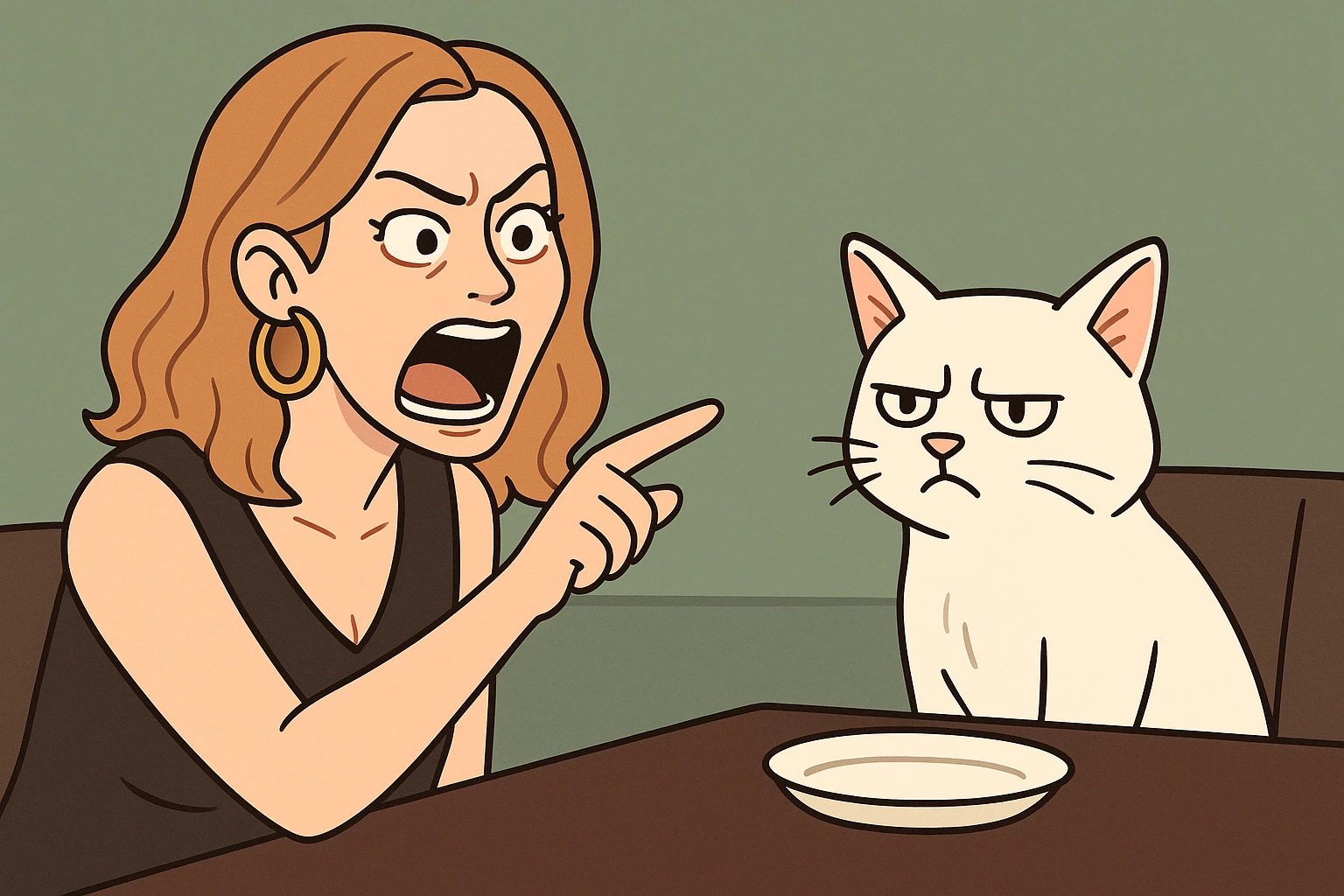 Woman yelling at cat meme, woman on left yelling, white cat on right sitting at table, cartoon style emoji