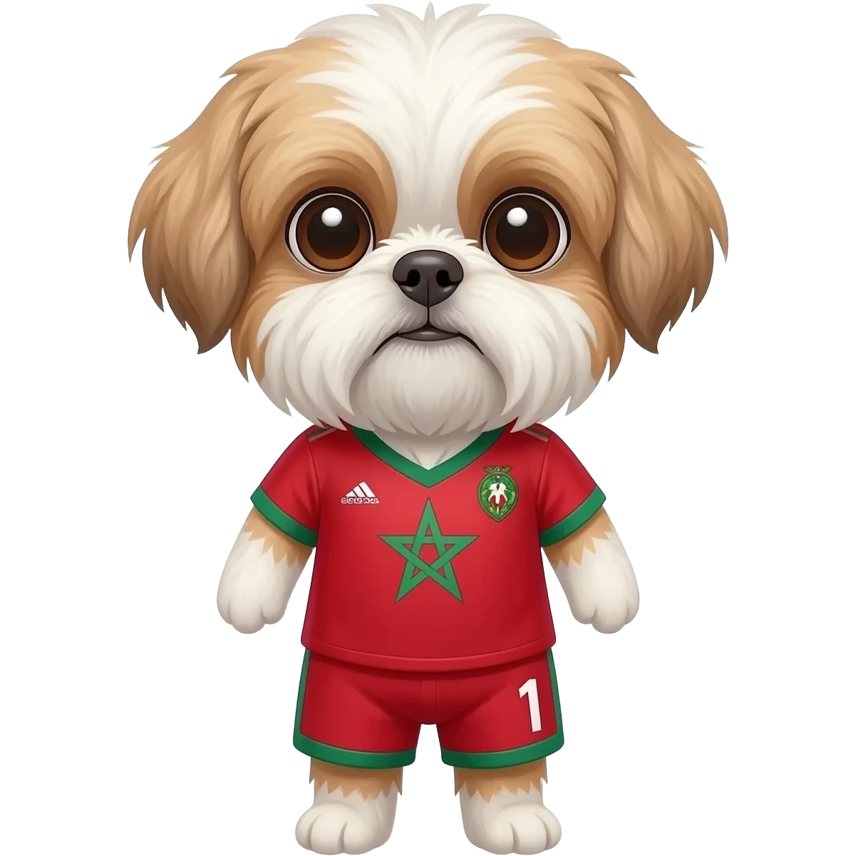 white and light brown shih zhu wearing a morocco soccer jersey v neck 2026 work cup emoji