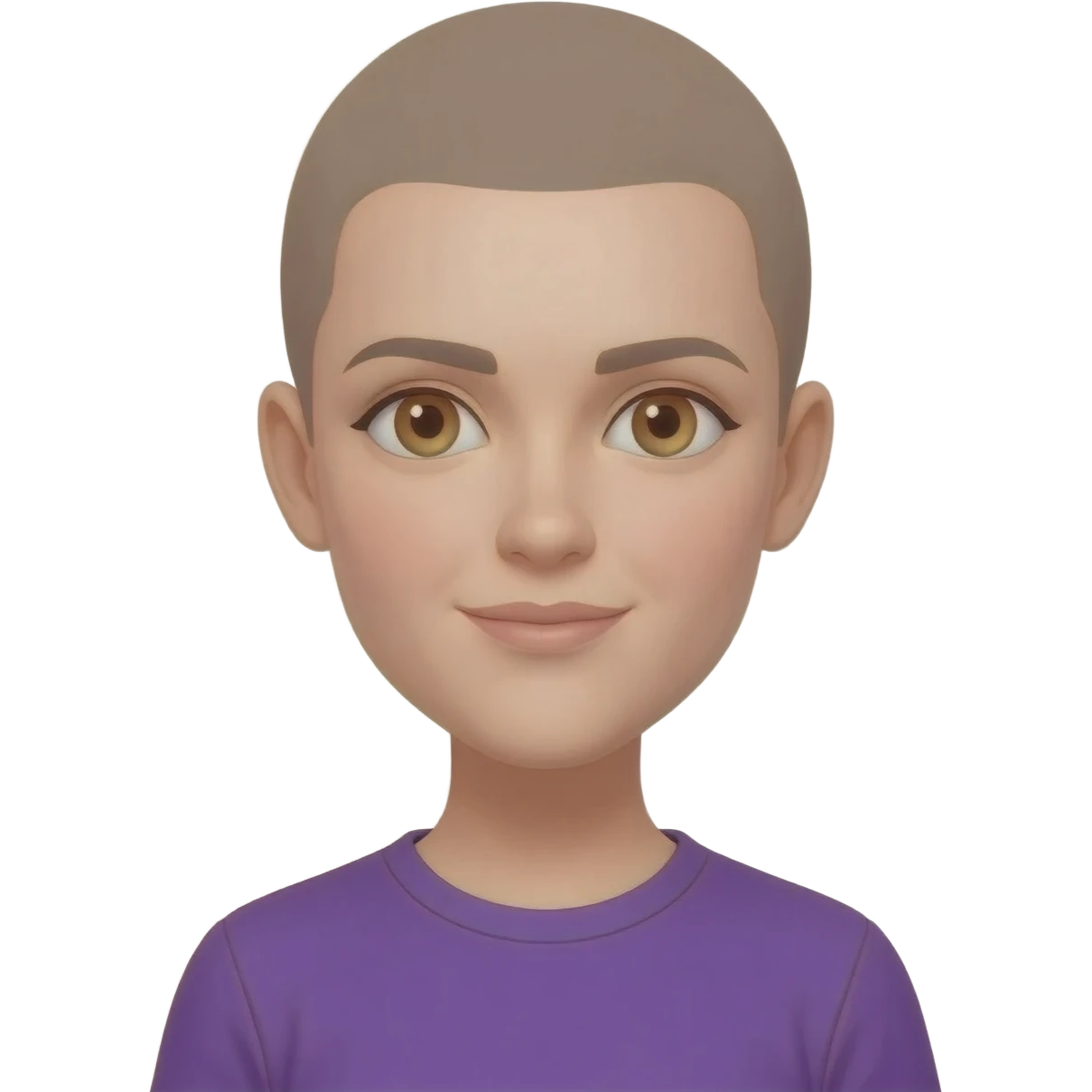 White skin ,  female, light brown buzzcut, purple shirt, light eyes emoji