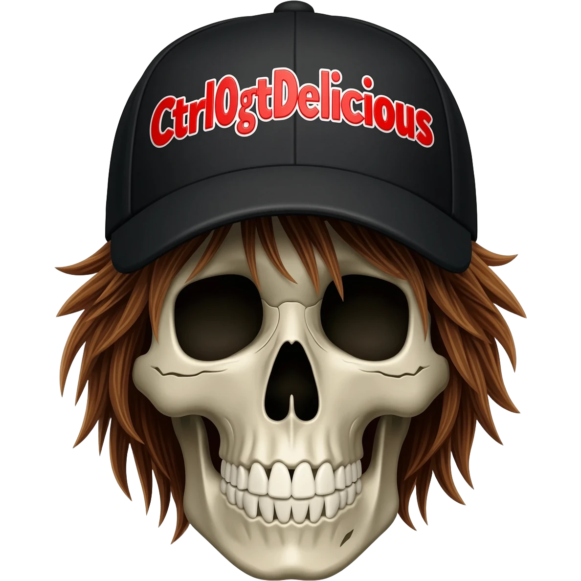 Create a skeleton head wearing a black baseball cap that says " CtrlAltDelicious " in Red, and white lettering, with brown hair emoji