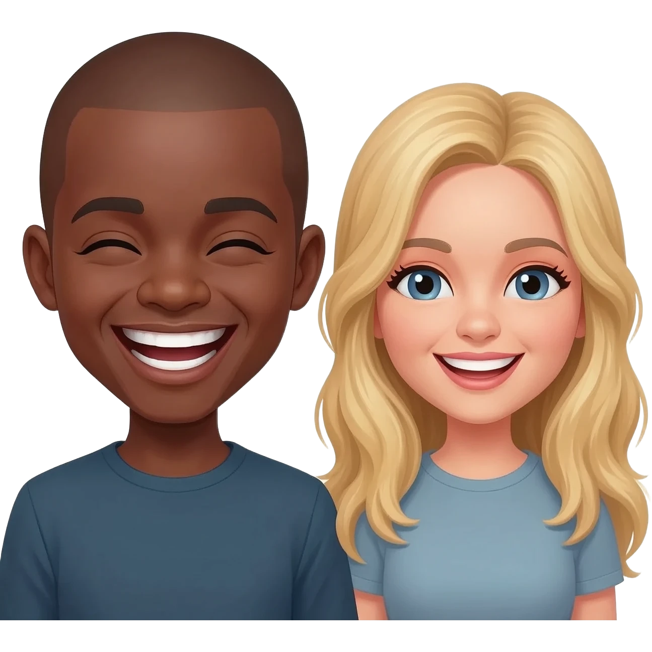 Black man with shaved head laughing together with blonde woman emoji