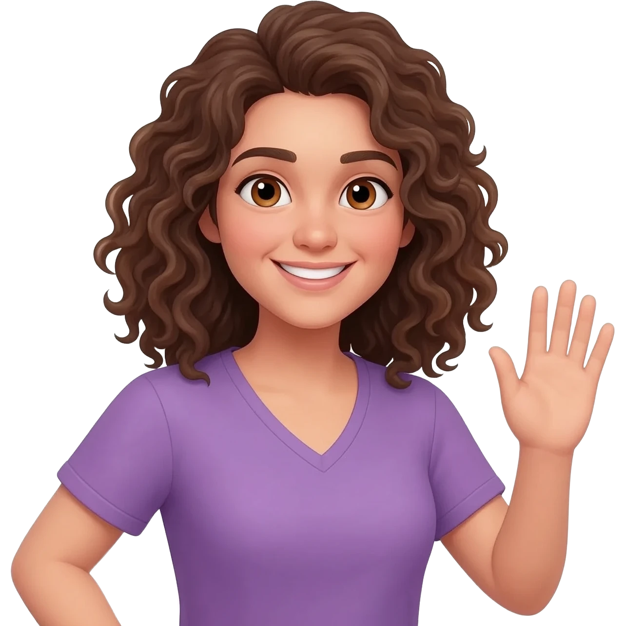 smiling face, brown curly shoulder length hair, hair touching shoulders, hazel eyes, pail skin, purple v-neck shirt, arms up inUse this emoji but with one arm down and the other arm waving emoji