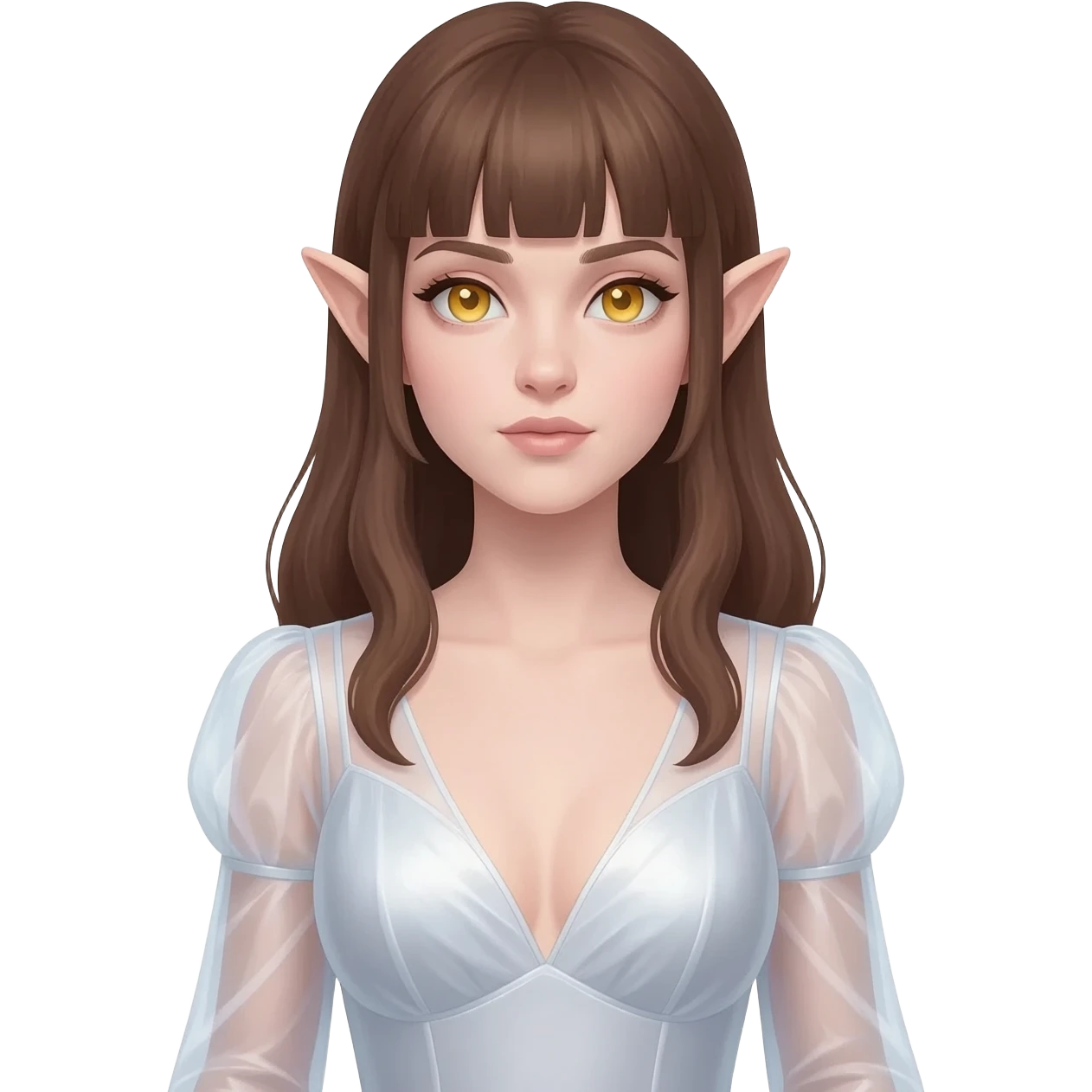 Hyperrealistic cosmos elf wizard fairy queen pale skin brown hair with bangs and golden eyes simple low-cut dress with long sleeves glued with see-through emoji