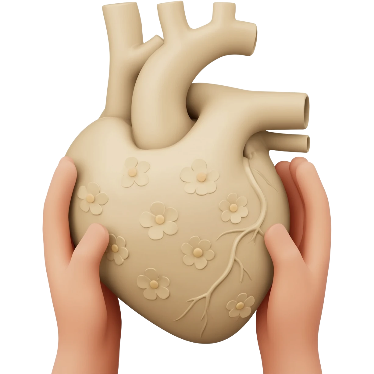 hands holding realistic light beige human heart with beige flowers emoji