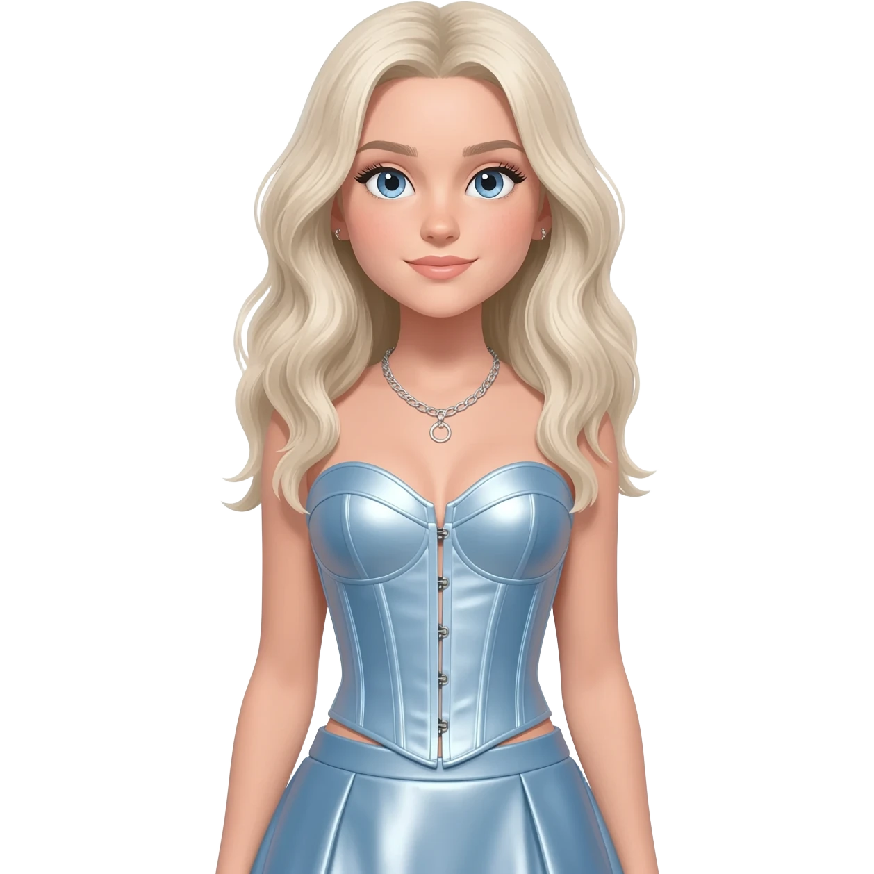 Sabrina Carpenter with blue eyes, long platinum blonde wavy hair, light blue metallic corset, light blue metallic skirt, silver necklace emoji