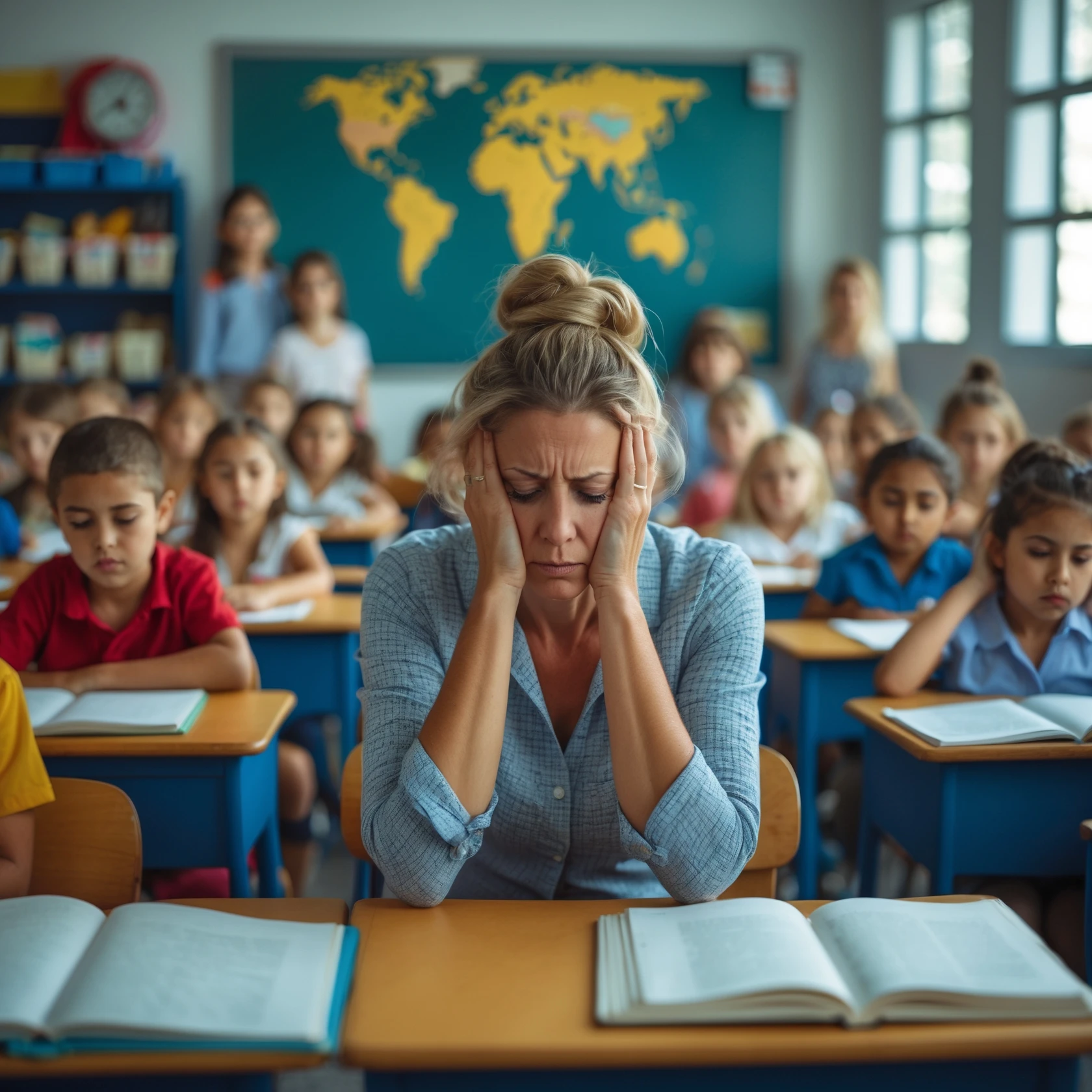 exhausted teacher in a bustling classroom emoji