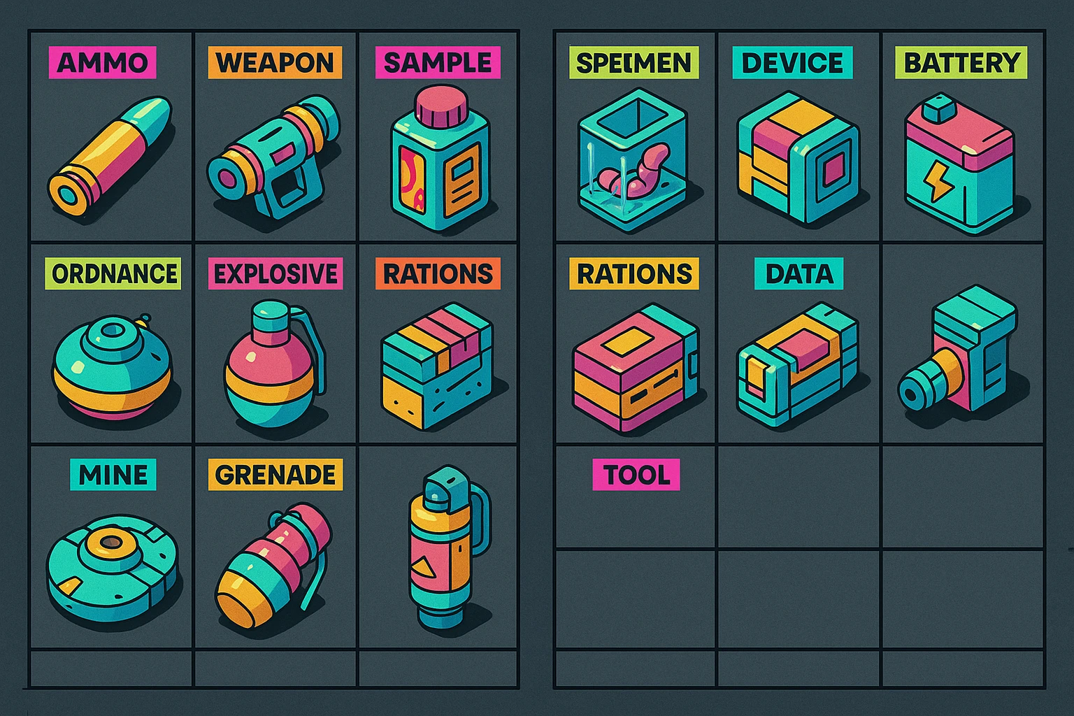 a virtual display, a gray grid with darker gray cells, each cell containing an item viewed in isometric minimalism render The cells have pastel neon colored labels in their upper corner, indicating various traits of the items. retrofuturism, circa 2880's.
The items are scientific and military in nature - varieties of munitions, scientific samples, rations, data storage, utilities. There are two arrays of grids, one left, one right. Each array has a few empty spaces at the bottom. "graphic realism." brutalism. the items are adorned in bright colors, neon-safety, early 90's pallete emoji