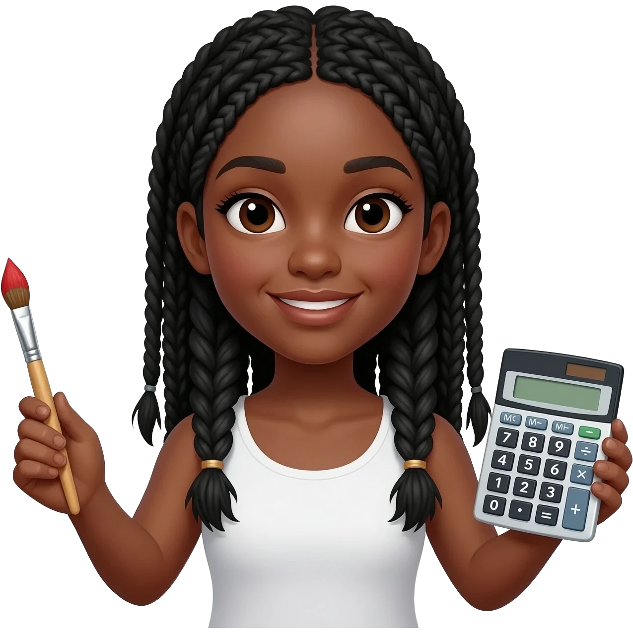 Émoji représentant une femme peau marron avec des longues nattes noires, tenant un pinceau dans une main et une calculatrice dans l'autre emoji