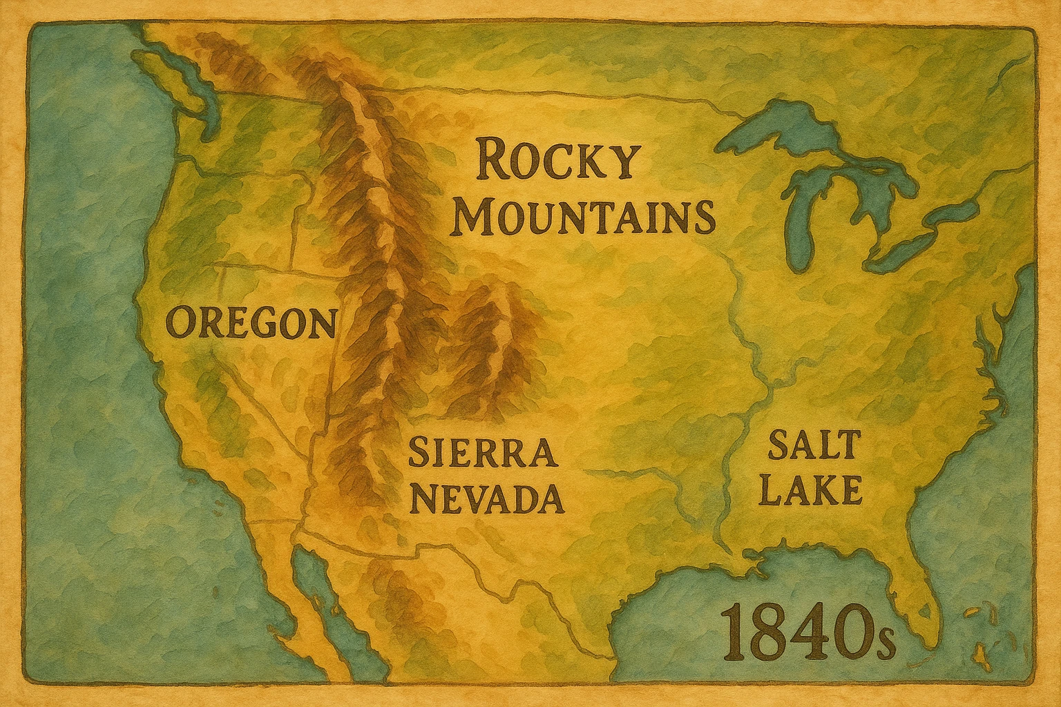 A topographical map of the USA in the 1840s which labels the Rocky Mountains, Oregon, California, Sierra Nevada mountains and Salt Lake emoji