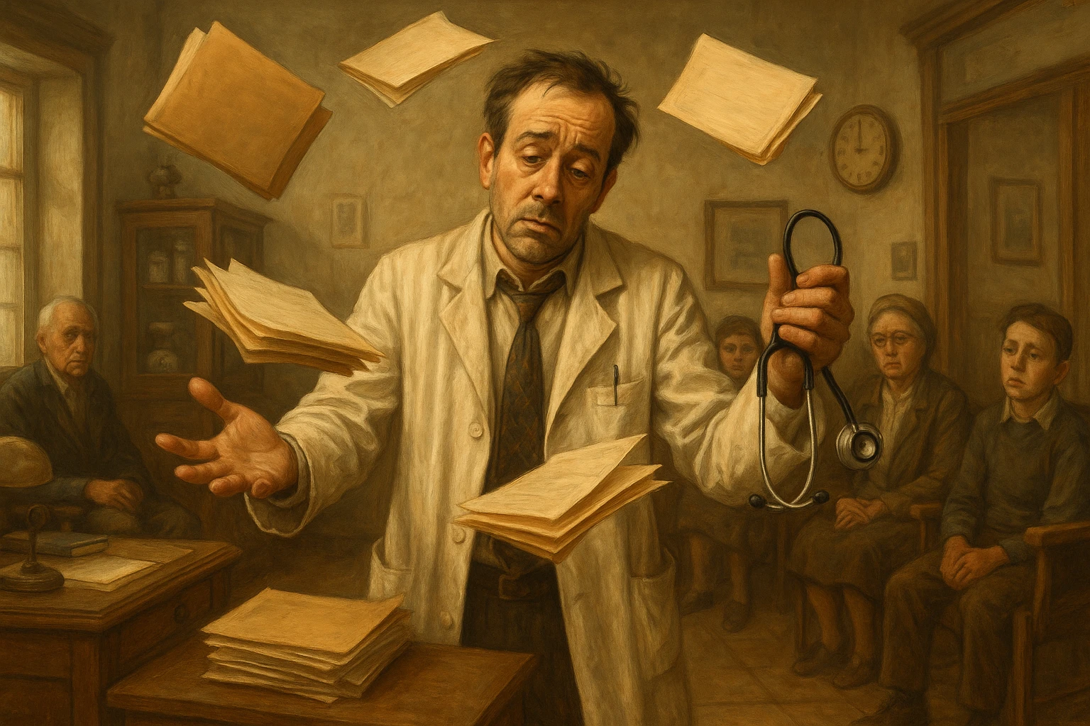 A tired doctor juggling patient files and a stethoscope, surrounded by waiting patients, no computers or tablets, vintage medical office emoji
