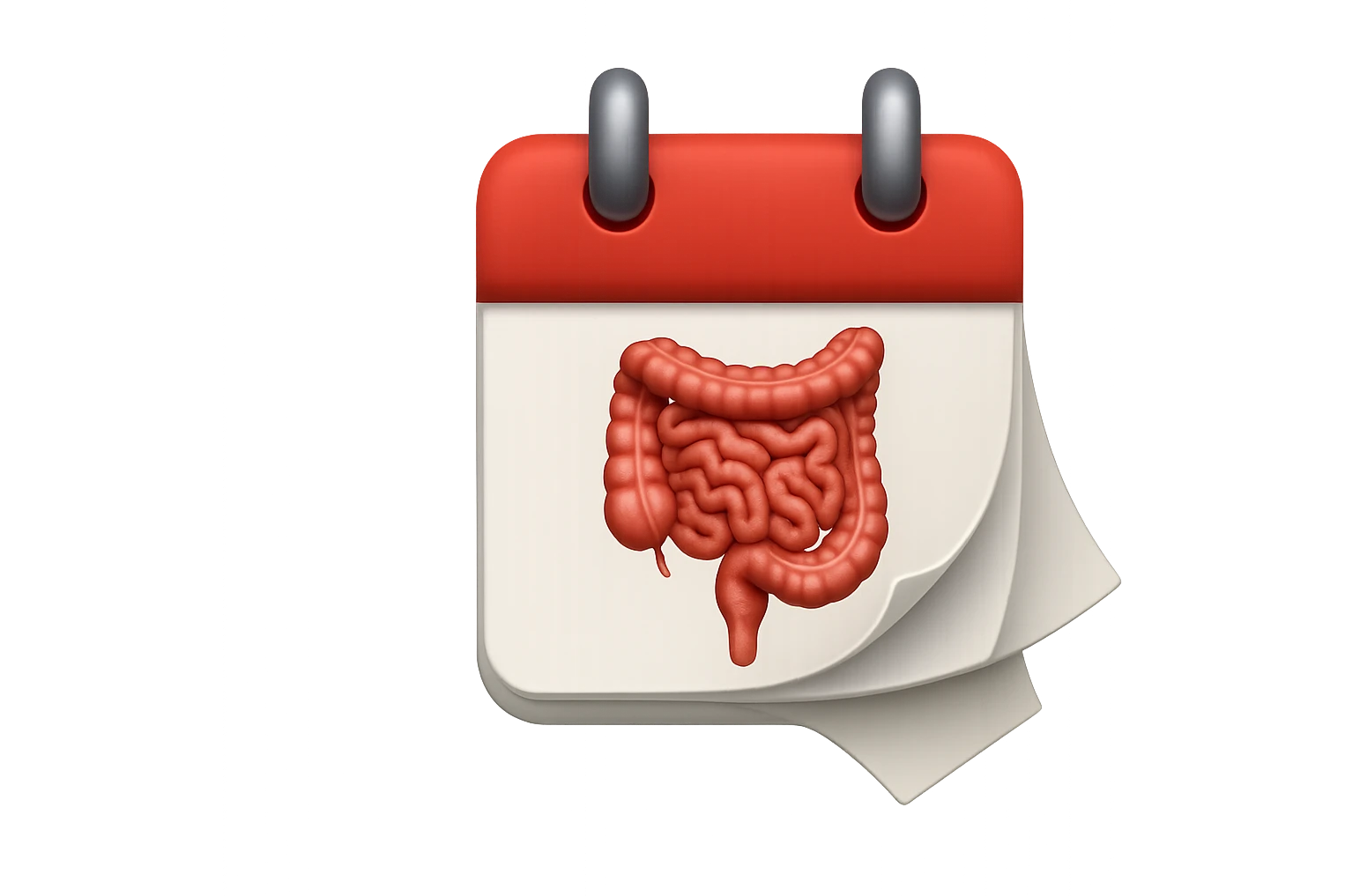 emoji stile iphone di un calendario con fogli che volano insieme, sui fogli ci sono disegnati degli intestini anatomici, iperrealistico 4k, isolato su sfondo bianco emoji