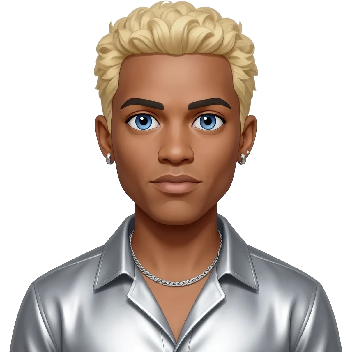 Vanilla Ice with blue eyes, sandy blonde hair, silver metallic shirt, silver necklace and short earrings emoji