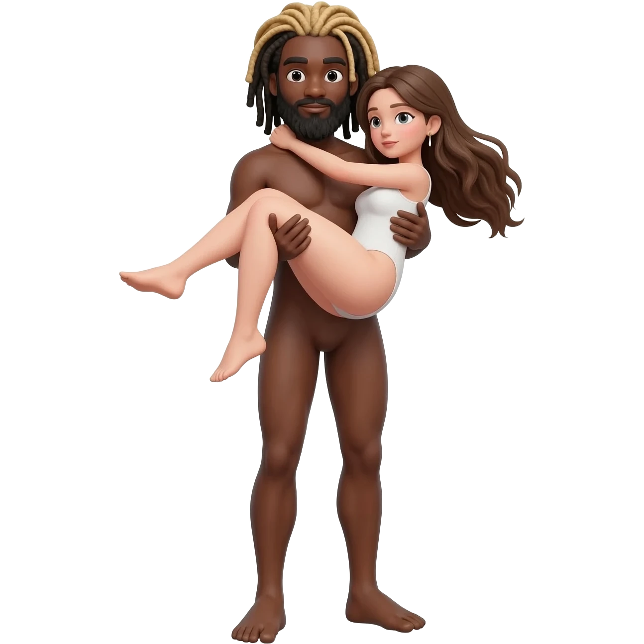 Emoji-style couple, full body, romantic lift pose. Tall Black man with blond-tipped dreads lifting a short white woman long brown hair , legs around his waist, arms around his neck he is stood up holding her under her thighs. Cute emoji style, transparent background.both naked emoji