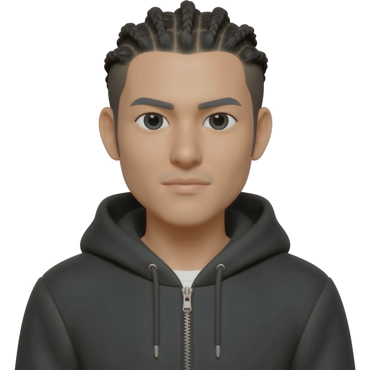 white asian male wearing hoodie jacket with no mustache conrow braids emoji