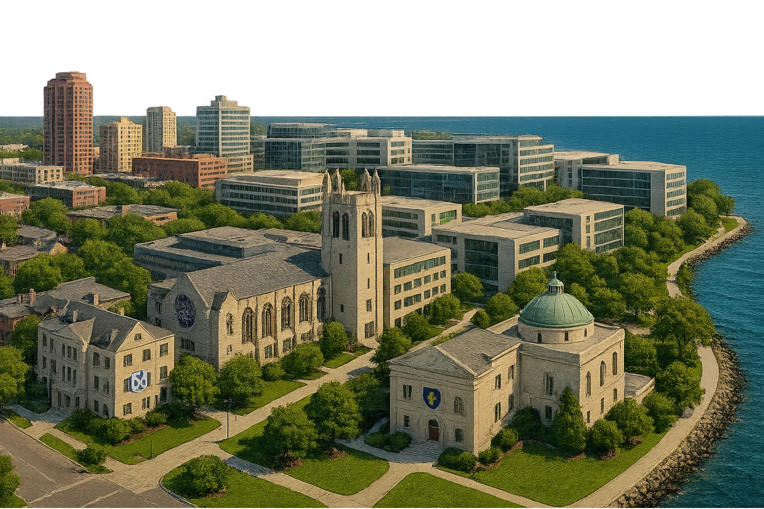 cinematic realistic emoji of Evanston, Illinois panoramic cityscape with Northwestern University campus central and prominent, Sigma Chi International Fraternity Headquarters, Levere Memorial Chapel Sigma Alpha Epsilon HQ, Lake Michigan, downtown Evanston, lifelike detail, accurate colors, bright daylight, no sky, no clouds emoji