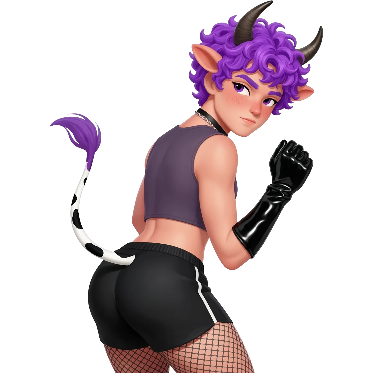 dancing purple haired curly femboy with blush on cheeks with enormous fat ass, cow horns and cow ears, and a cow tail, wearing a crop-top. arched eyebrows languid look fat thights shaking his plump ass in black mini-shorts and fishnet tights with long latex gloves emoji
