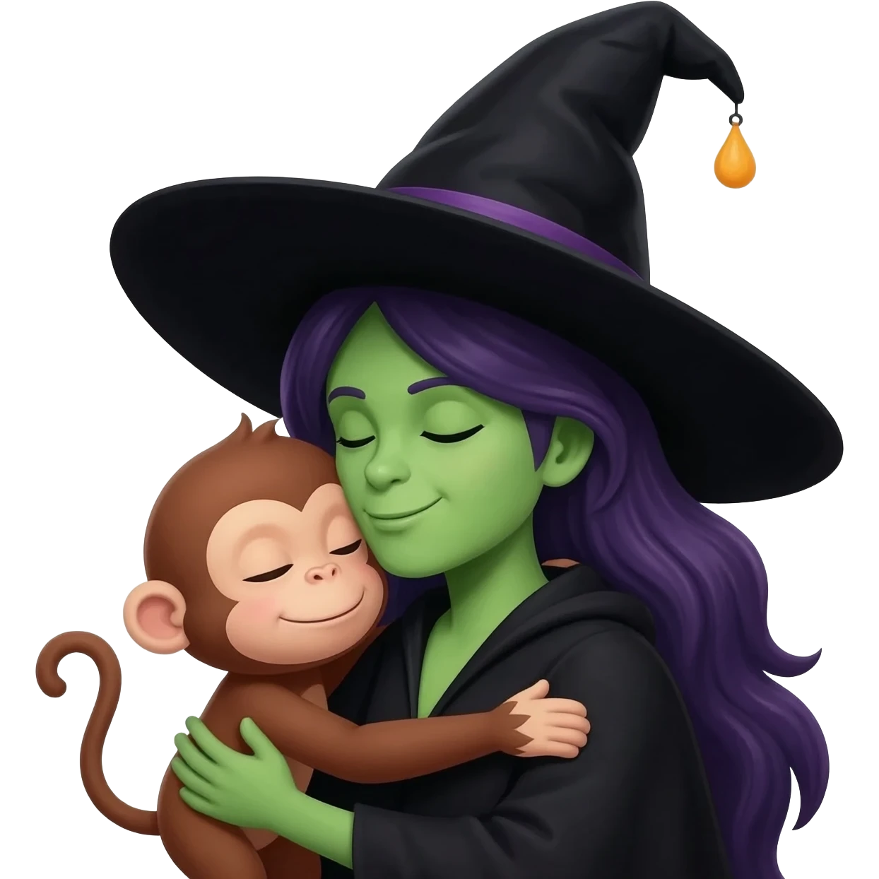 Monito dando abrazo enorme a unaBruja de pelo negro emoji