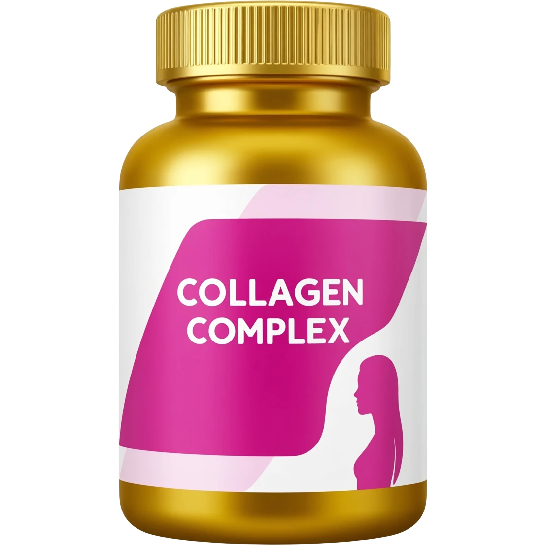 product of a golden plastic supplement bottle with a ribbed gold cap. The label features a white and pink geometric design with a bold magenta center panel. The text reads “COLLAGEN COMPLEX” in large white letters. A minimal silhouette of a woman’s profile appears on the right side of the label. emoji
