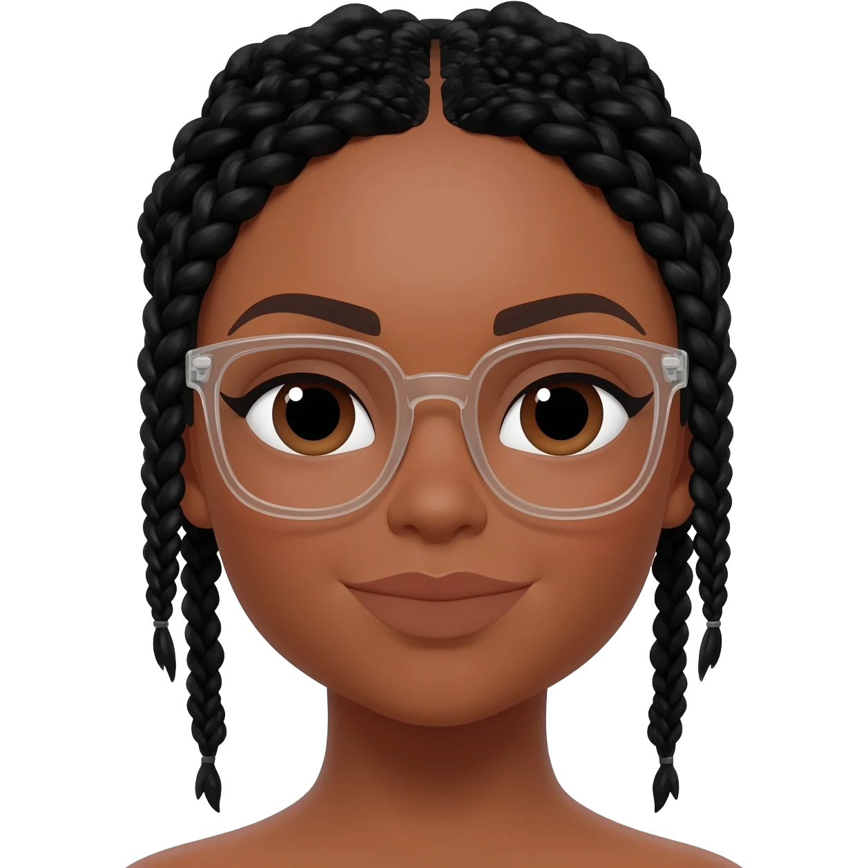 Make her have light brown skin and dark brown eyes with black goddess braids and clear thick glasses emoji