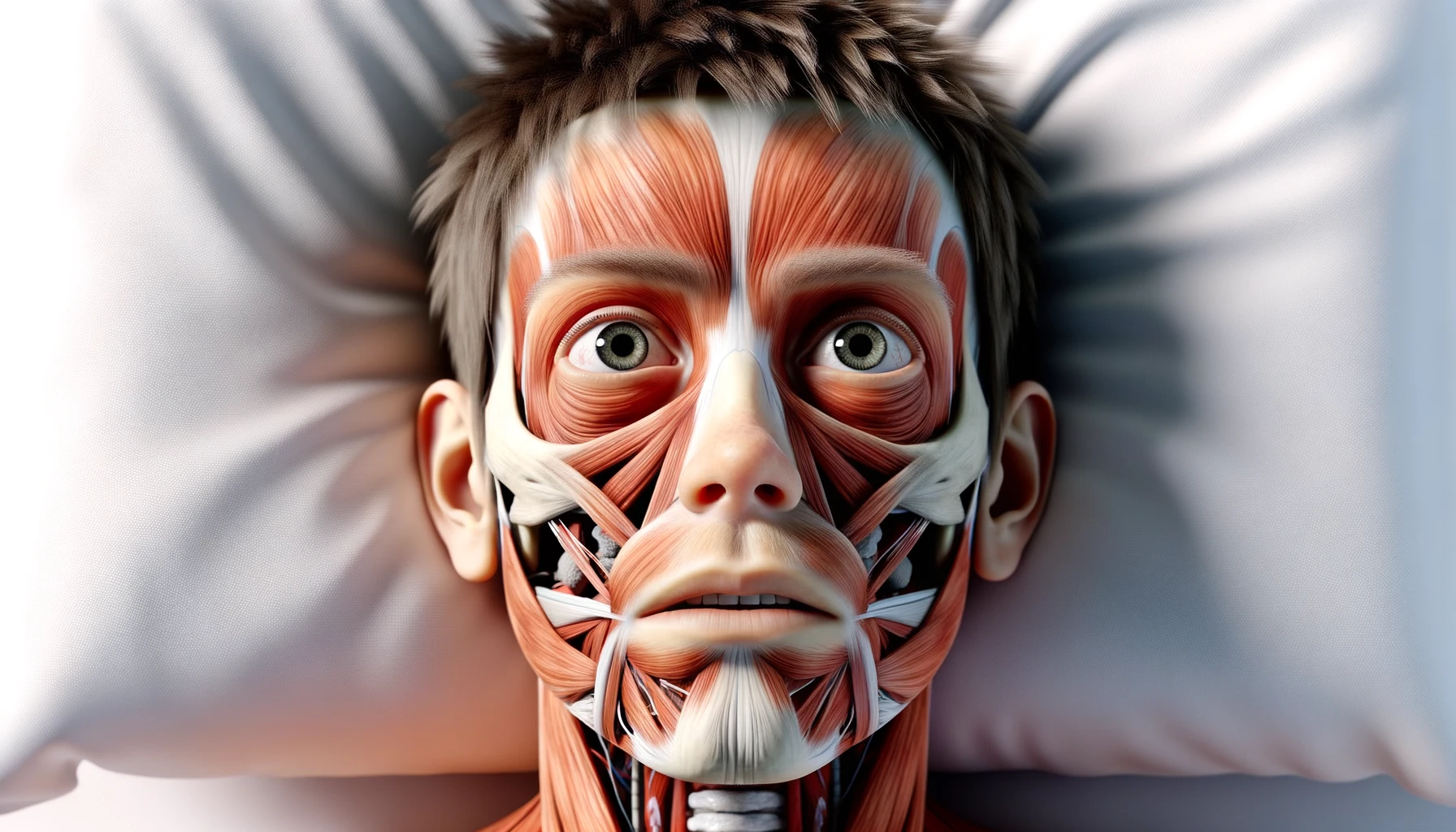 corpo umano anatomico con capelli corti che non riesce a dormire muscoli e organi in evidenza, sta nel letto con  gli occhi sbarrati e l'espressione nervosa, visto dall'alto, iperrealistica 4k, isolato su sfondo bianco emoji