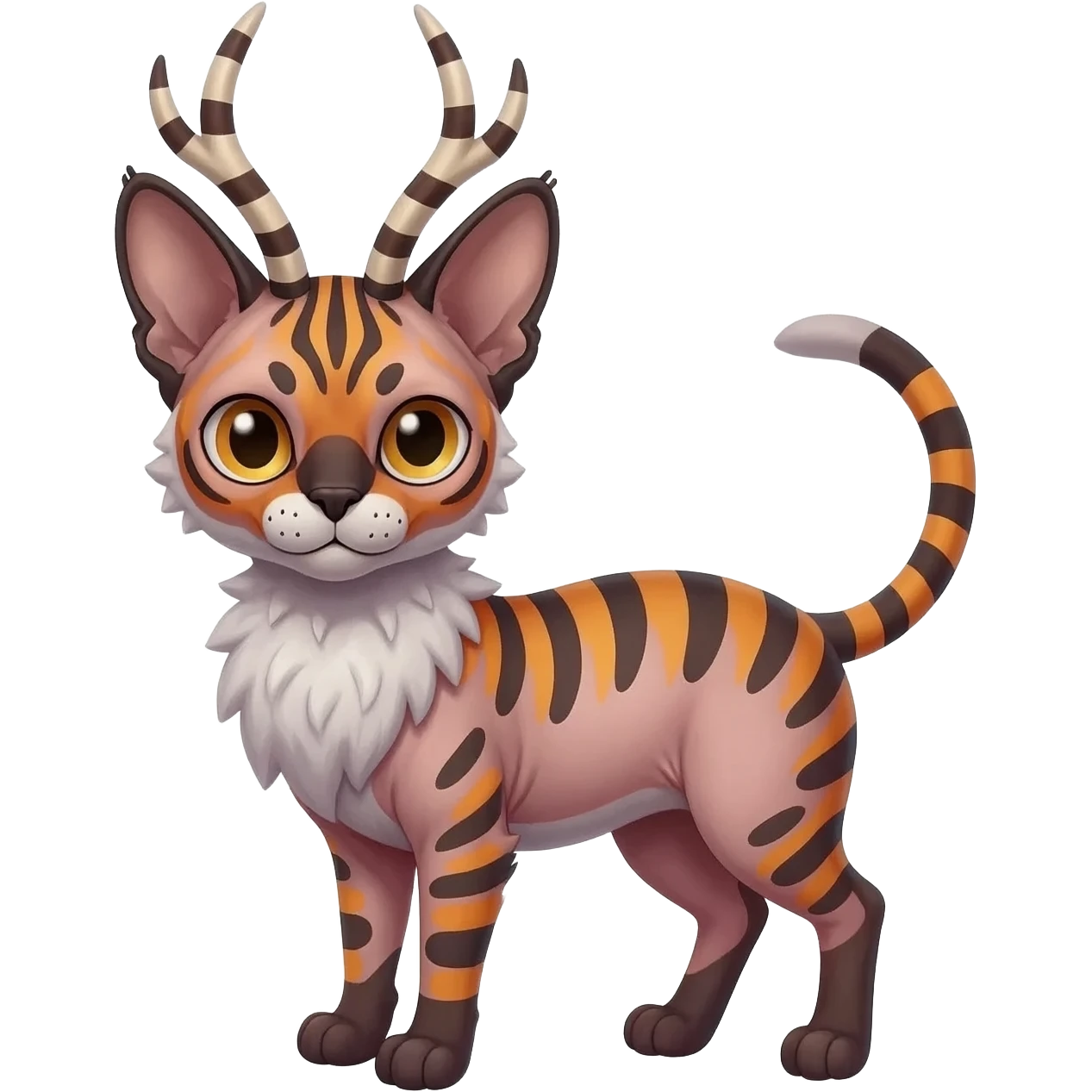 A Colorful  exotic tropical tribal cute happy realistic esoteric patterned fluffy furry dark caracal-Lykoi-bobcat-sphynx-genet-serval-Fakémon-fursona-hybrid-fusion-animal-creature, full body, 4-legged with striped antlers emoji