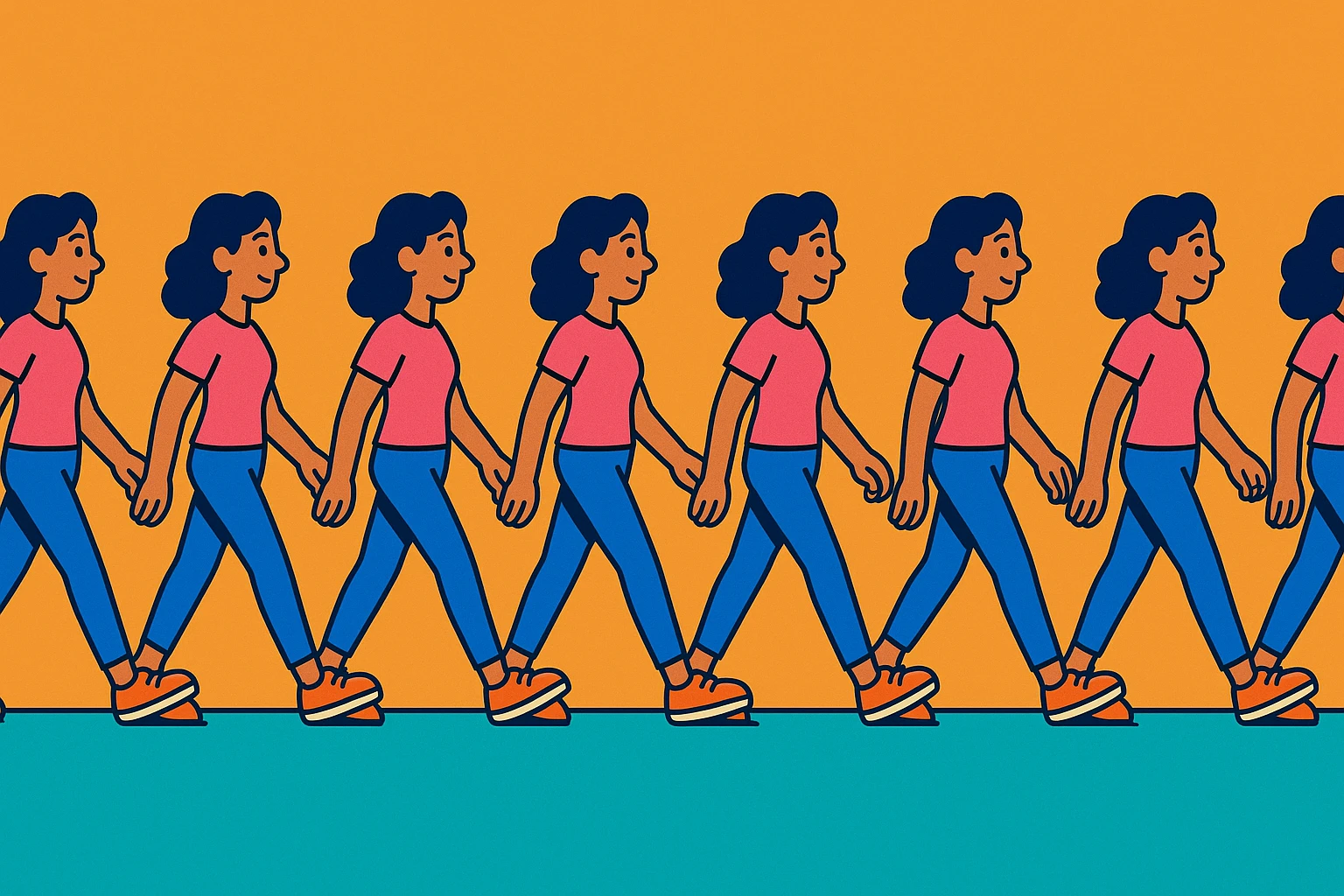 animated sequence of a woman walking on a horizontal runway, step-by-step walking frames, vibrant toon style emoji