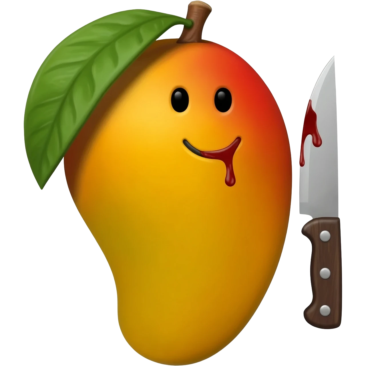 a mango with a smiley face and a bloody knife emoji