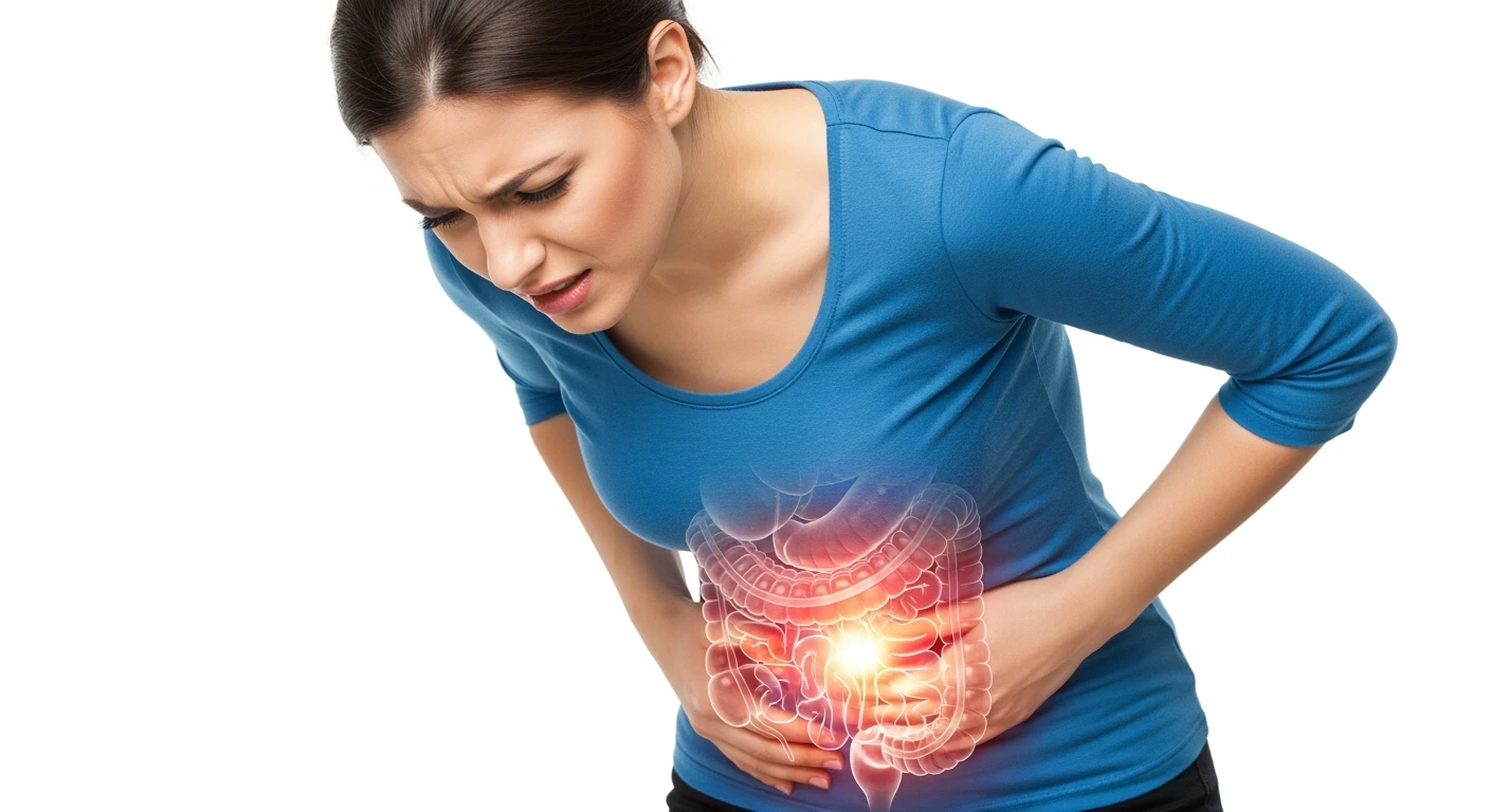 donna piegata in avanti frontalmente con mal di pancia, espressione di dolore in volto in primo piano e intestino anatomico in evidenza, iperrealistico 4k, sfondo bianco emoji