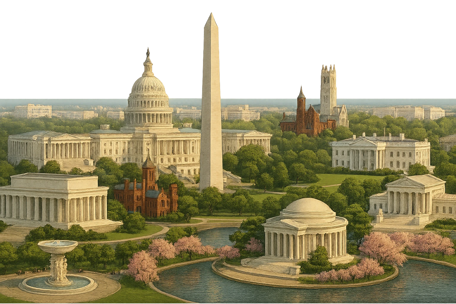 cinematic realistic emoji of Washington DC, wide city view featuring US Capitol, Washington Monument, Lincoln Memorial, Jefferson Memorial, White House, Smithsonian Castle, National Cathedral, Supreme Court, Tidal Basin with cherry blossoms, and Dupont Circle Fountain. Lifelike detail, accurate colors, bright daytime lighting, no sky, no clouds, no city name label, transparent background, no duplicate landmarks, balanced composition. emoji