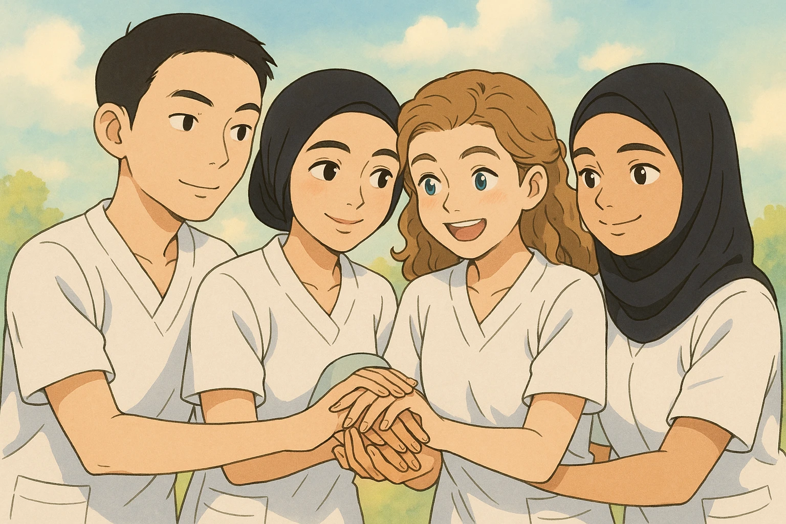 Four nursing students inspired by the faces in the reference photos, wearing white short-sleeve uniforms, arms and hands well drawn, no stethoscope, helping each other, in bright ambiance, pastel background. Natural and expressive hands. emoji