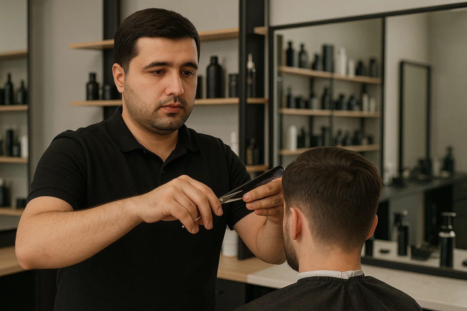 shu odamni sartaroshxonada mijozlarni sochini olayotganin  tasvirlab ber juda yosh ham katta ham bo'lmasin semiz ham bo'lib ketmasin o'smirin davrini yuzi ko'rinmasin emoji