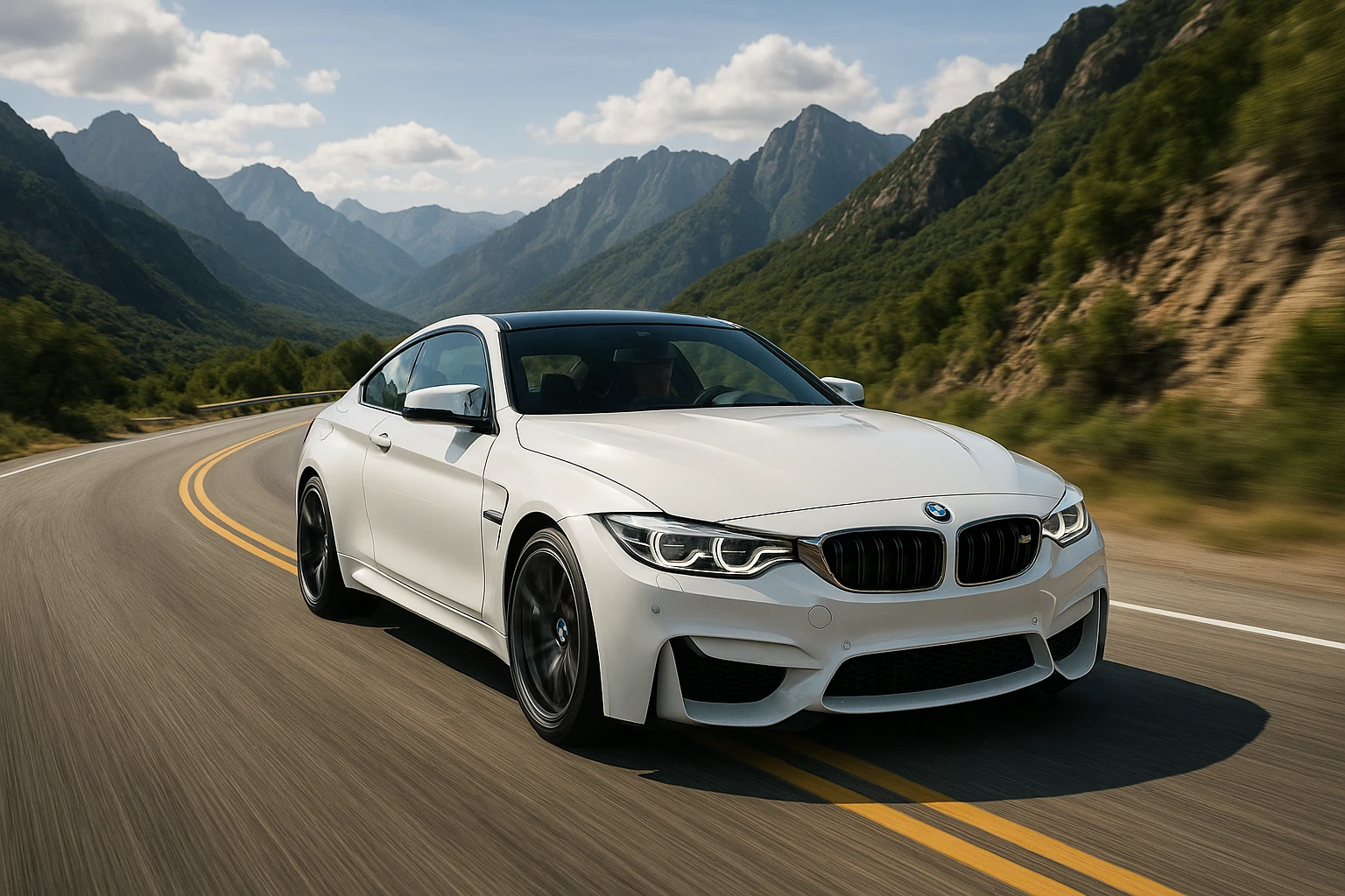 BMW M4 blanco conduciendo en una carretera de montaña, vista dinámica, fondo de montañas, estilo realista, sin personas, fondo detallado emoji