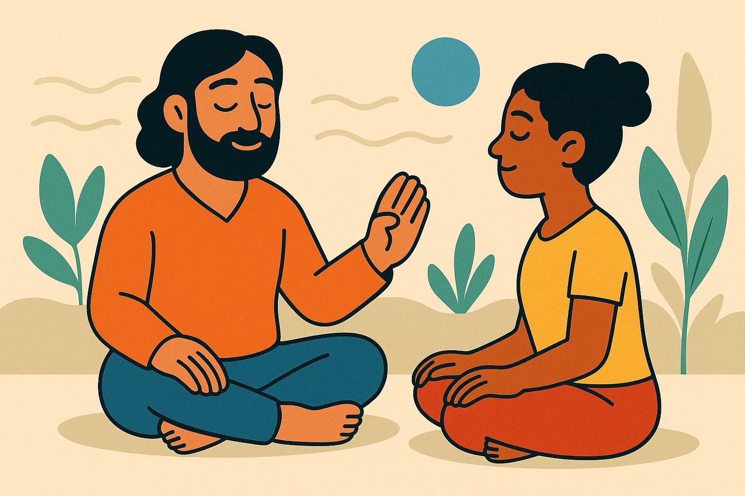 one on one guided meditation session, with a coach and a student, peaceful emoji